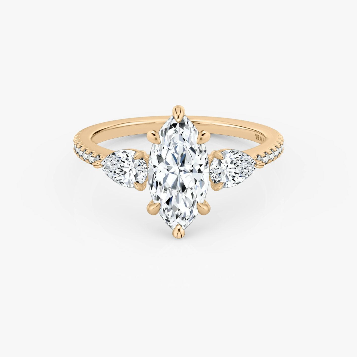 The Three Stone | Marquise | 14k | Rose Gold | bandAccent: Pavé | sideStoneCarat: 0.25ct | sideStoneShape: Pear | diamondOrientation: vertical | caratWeight: other