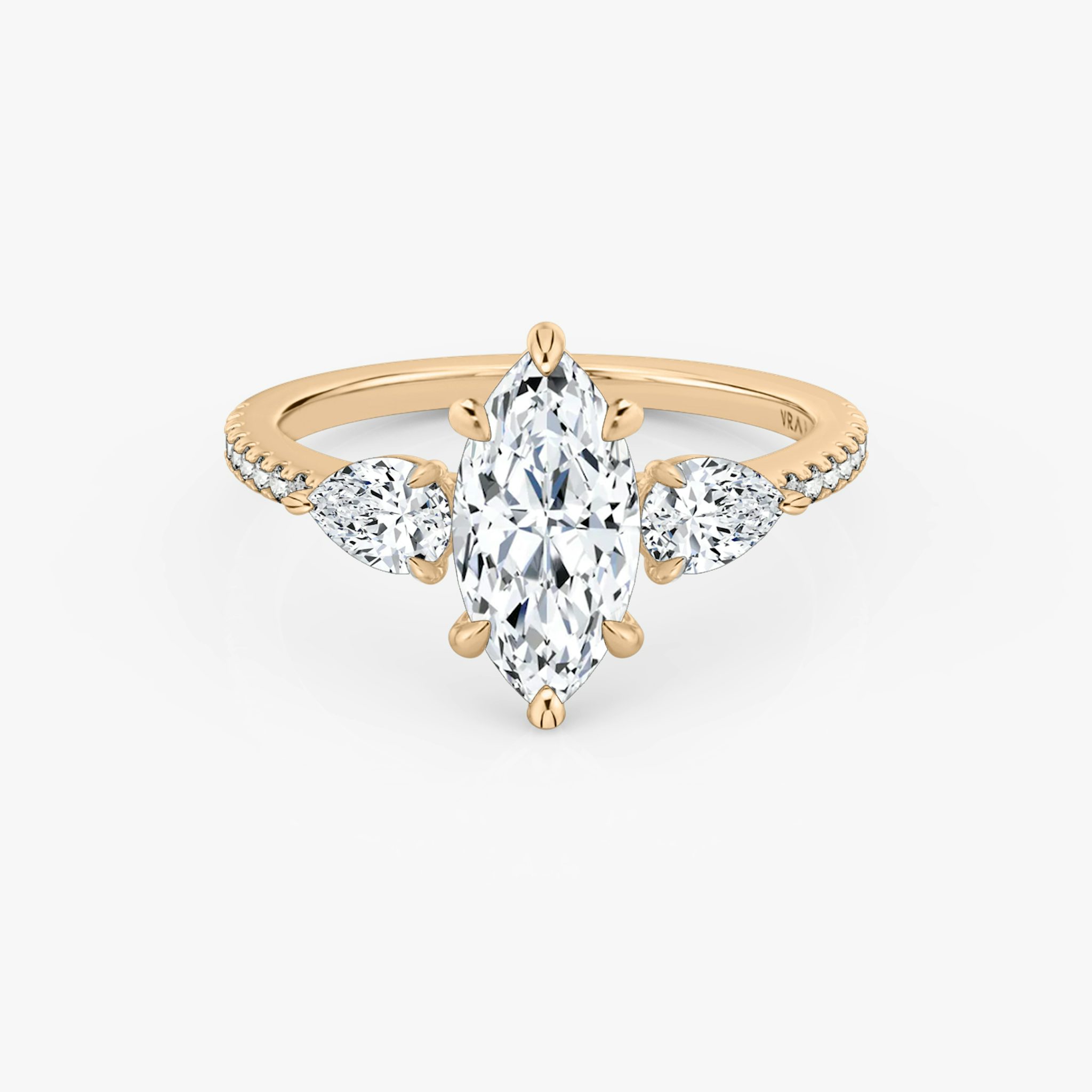 The Three Stone | Marquise | 14k | Rose Gold | bandAccent: Pavé | sideStoneCarat: 0.25ct | sideStoneShape: Pear | diamondOrientation: vertical | caratWeight: other