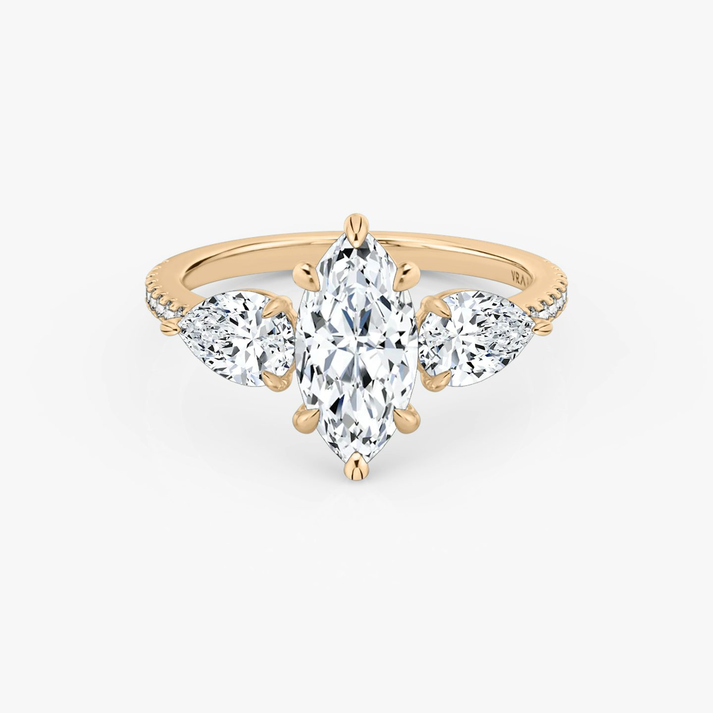 The Three Stone | Marquise | 14k | Rose Gold | bandAccent: Pavé | sideStoneCarat: 0.50ct | sideStoneShape: Pear | diamondOrientation: vertical | caratWeight: other
