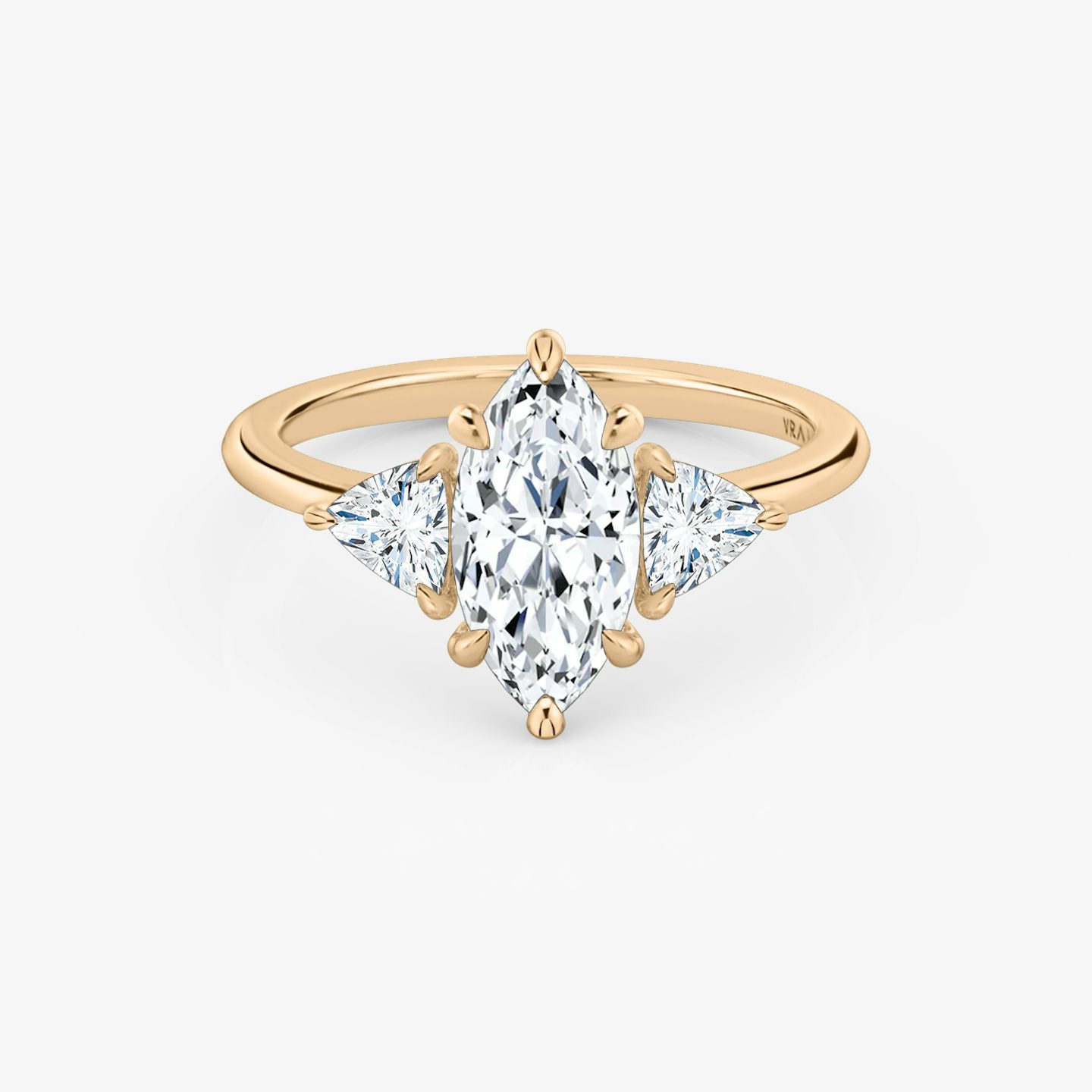 The Three Stone | Marquise | 14k | Rose Gold | bandAccent: Plain | sideStoneCarat: 0.25ct | sideStoneShape: Trillion | diamondOrientation: vertical | caratWeight: other