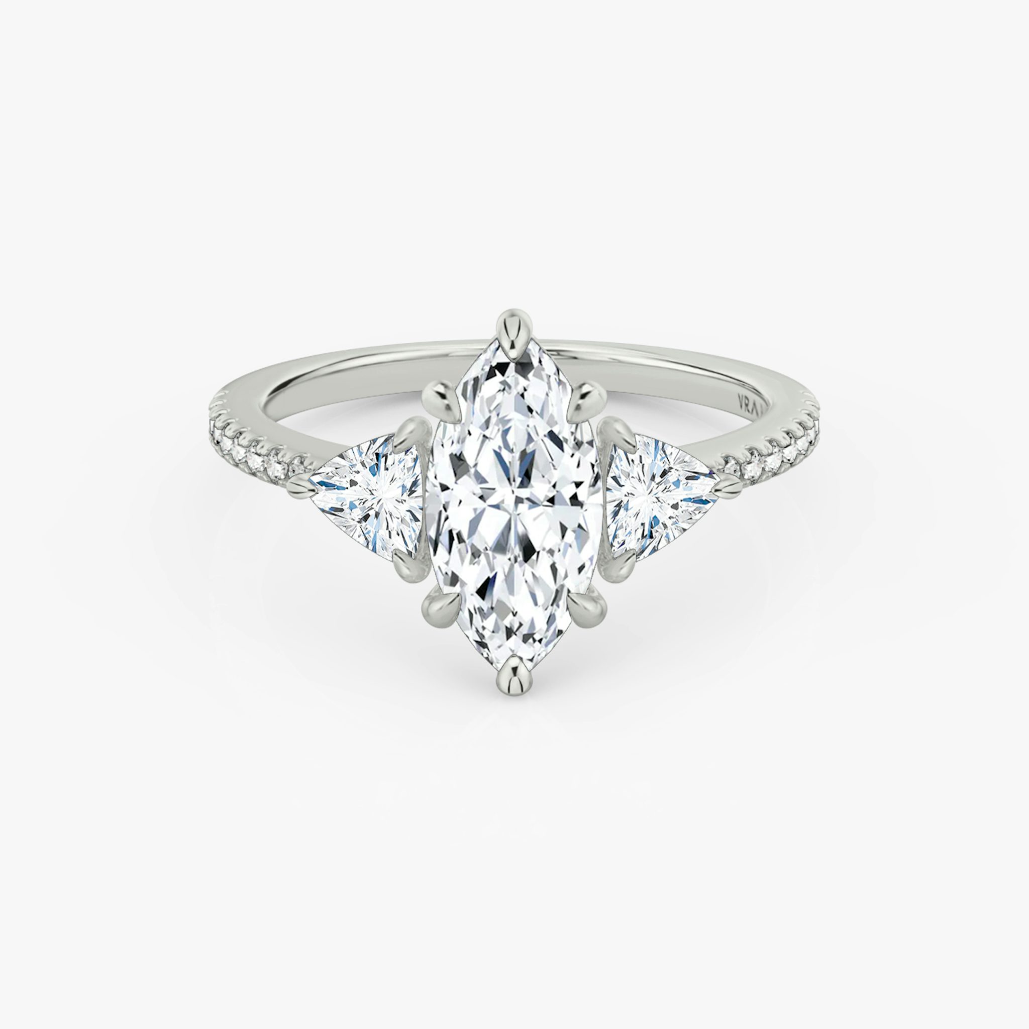 The Three Stone | Marquise | 18k | White Gold | bandAccent: Pavé | sideStoneCarat: 0.25ct | sideStoneShape: Trillion | diamondOrientation: vertical | caratWeight: other