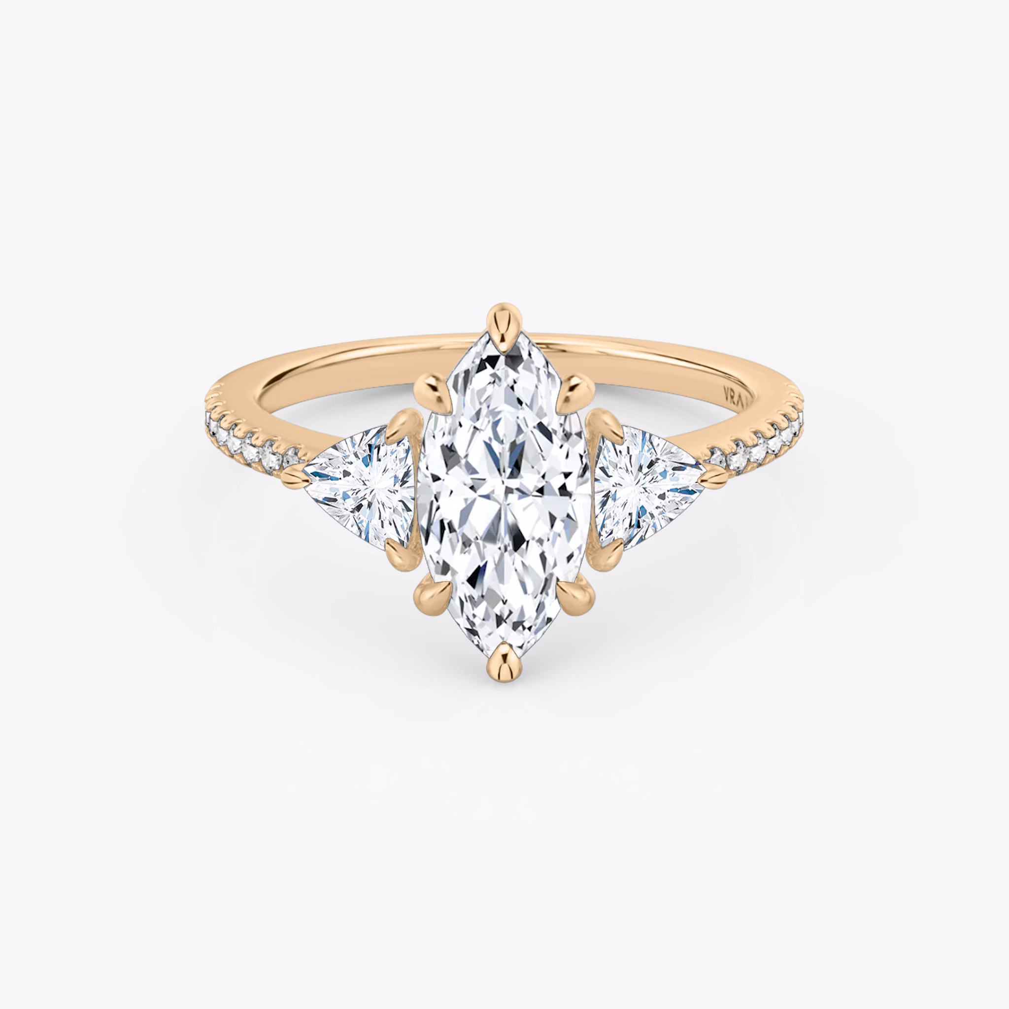 The Three Stone | Marquise | 14k | Rose Gold | bandAccent: Pavé | sideStoneCarat: 0.25ct | sideStoneShape: Trillion | diamondOrientation: vertical | caratWeight: other