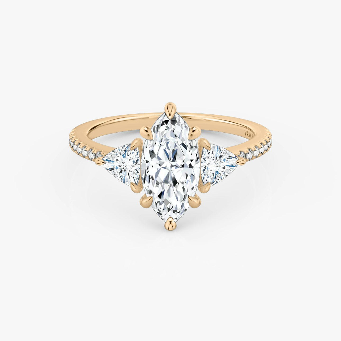 The Three Stone | Marquise | 14k | Rose Gold | bandAccent: Pavé | sideStoneCarat: 0.25ct | sideStoneShape: Trillion | diamondOrientation: vertical | caratWeight: other