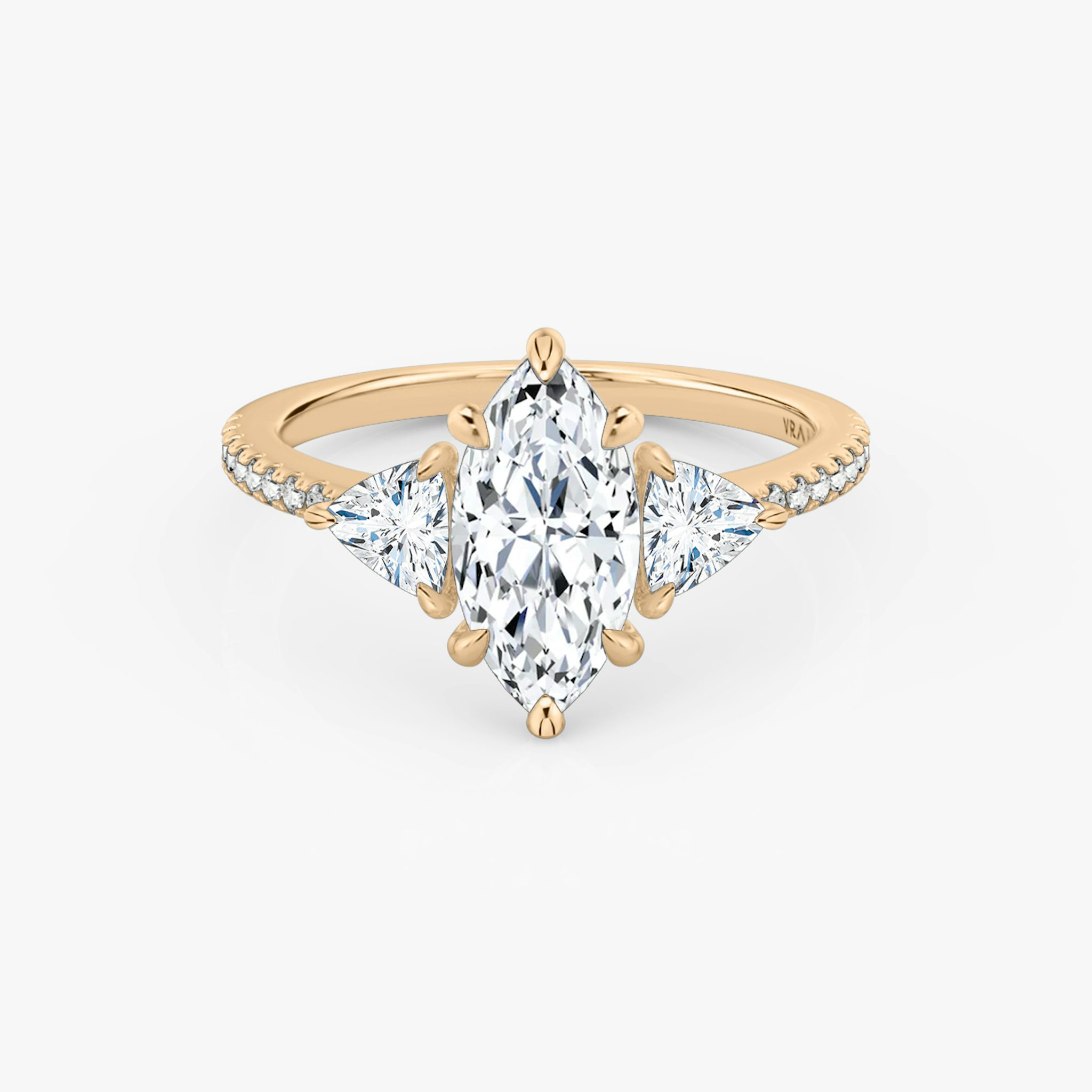 The Three Stone | Marquise | 14k | Rose Gold | bandAccent: Pavé | sideStoneCarat: 0.25ct | sideStoneShape: Trillion | diamondOrientation: vertical | caratWeight: other