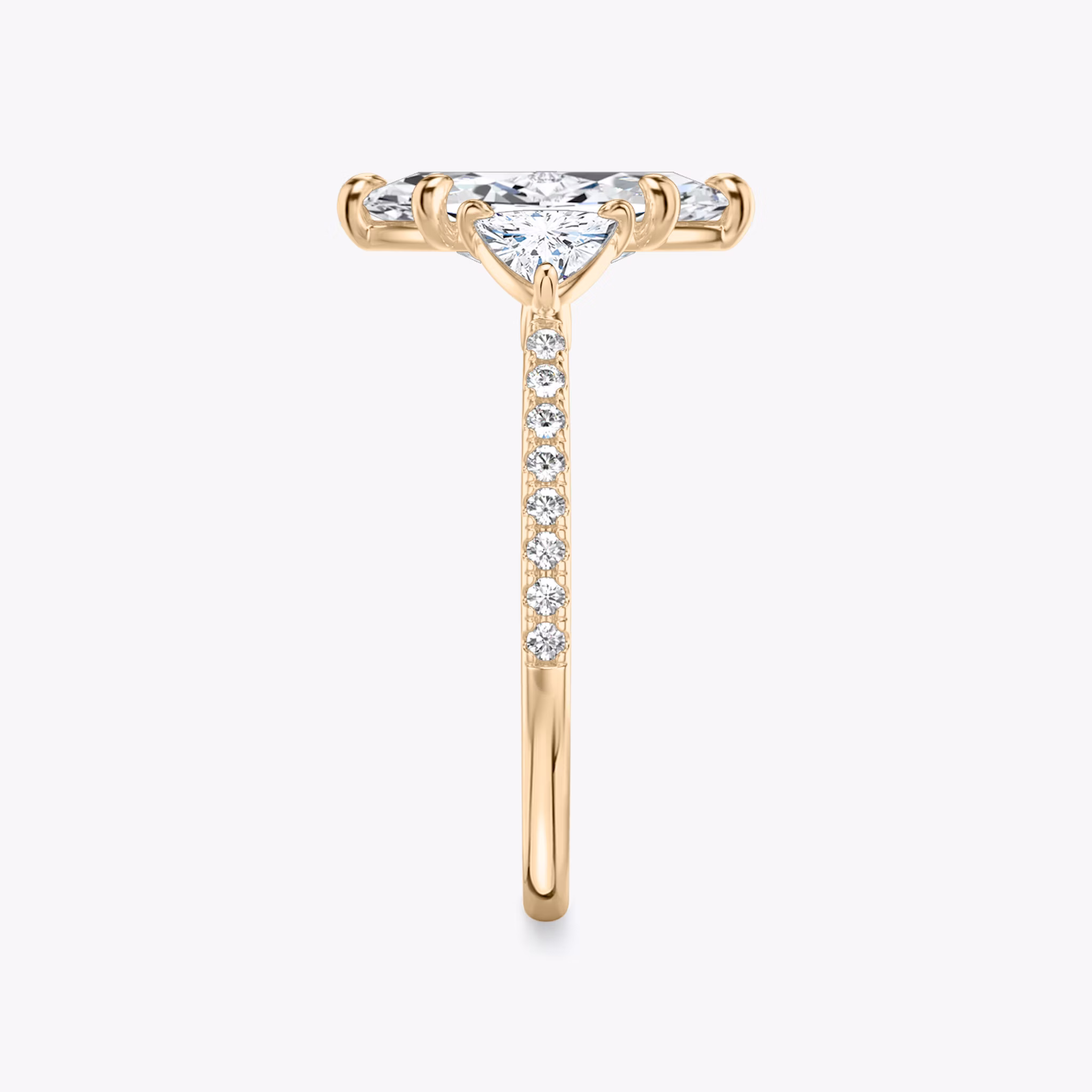 The Three Stone | Marquise | 14k | Rose Gold | bandAccent: Pavé | sideStoneCarat: 0.25ct | sideStoneShape: Trillion | diamondOrientation: vertical | caratWeight: other