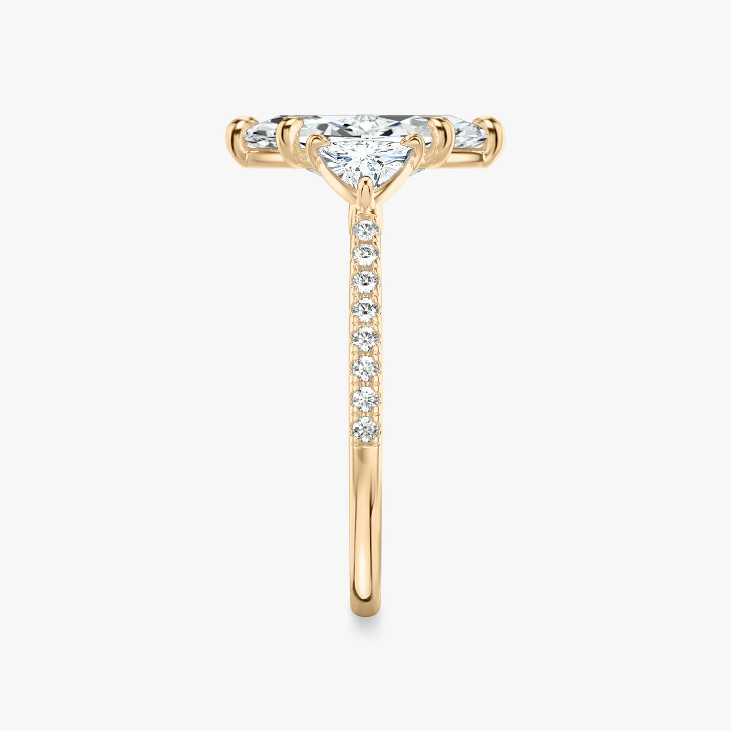 The Three Stone | Marquise | 14k | Rose Gold | bandAccent: Pavé | sideStoneCarat: 0.25ct | sideStoneShape: Trillion | diamondOrientation: vertical | caratWeight: other