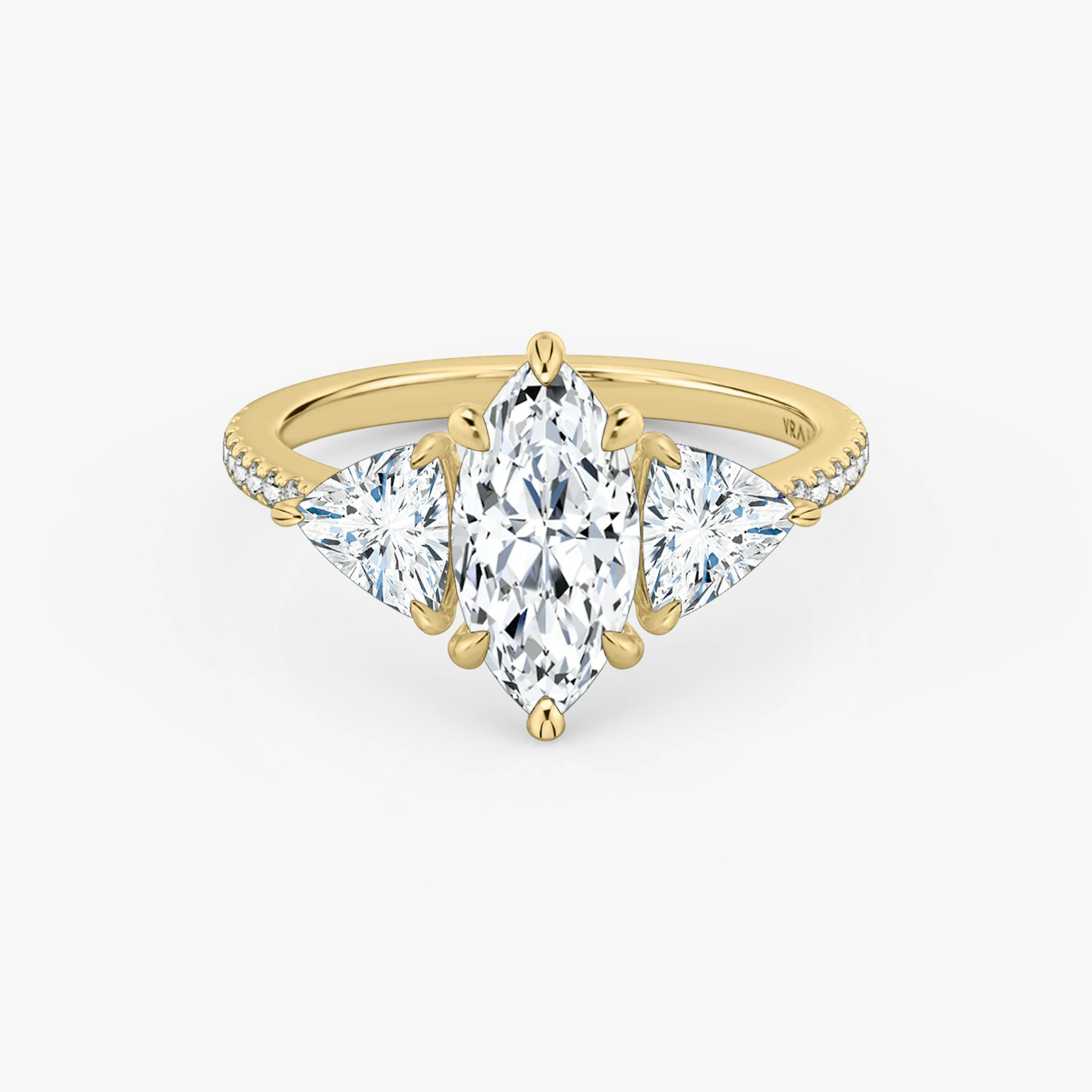 The Three Stone | Marquise | 18k | Yellow Gold | bandAccent: Pavé | sideStoneCarat: 0.50ct | sideStoneShape: Trillion | diamondOrientation: vertical | caratWeight: other