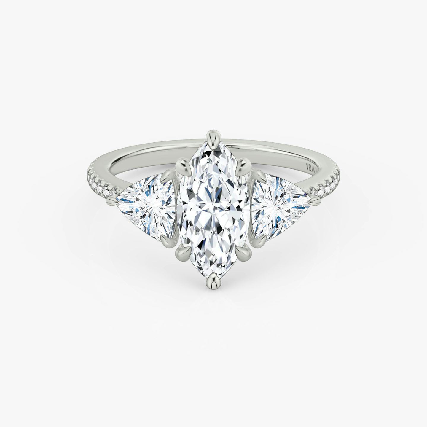 The Three Stone | Marquise | Platinum | bandAccent: Pavé | sideStoneCarat: 0.50ct | sideStoneShape: Trillion | diamondOrientation: vertical | caratWeight: other