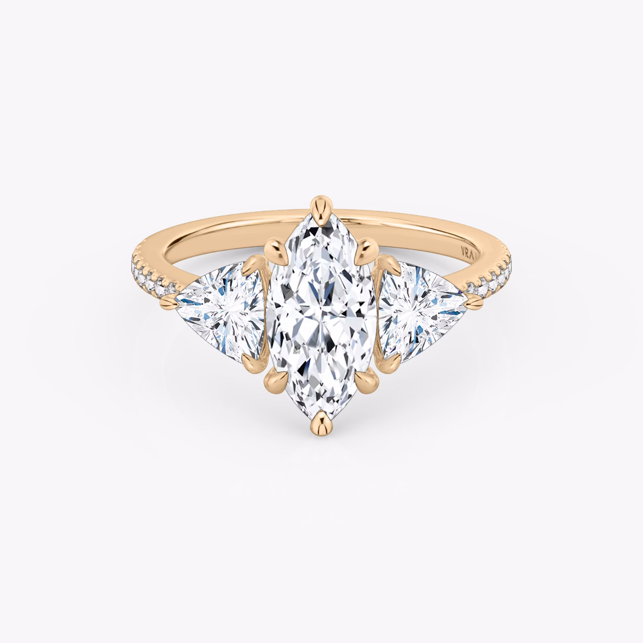 The Three Stone | Marquise | 14k | Rose Gold | bandAccent: Pavé | sideStoneCarat: 0.50ct | sideStoneShape: Trillion | diamondOrientation: vertical | caratWeight: other