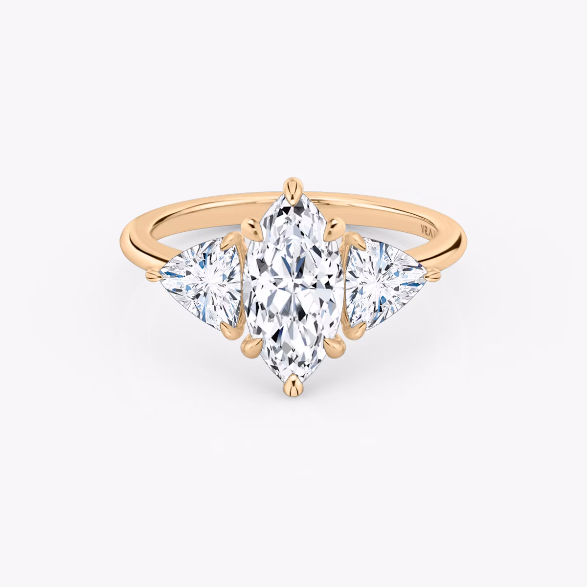The Three Stone | Marquise | 14k | Rose Gold | bandAccent: Plain | sideStoneCarat: 0.50ct | sideStoneShape: Trillion | diamondOrientation: vertical | caratWeight: other