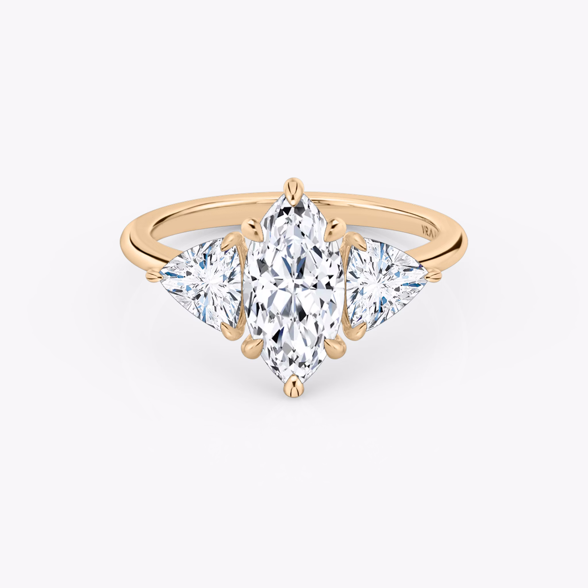 The Three Stone | Marquise | 14k | Rose Gold | bandAccent: Plain | sideStoneCarat: 0.50ct | sideStoneShape: Trillion | diamondOrientation: vertical | caratWeight: other