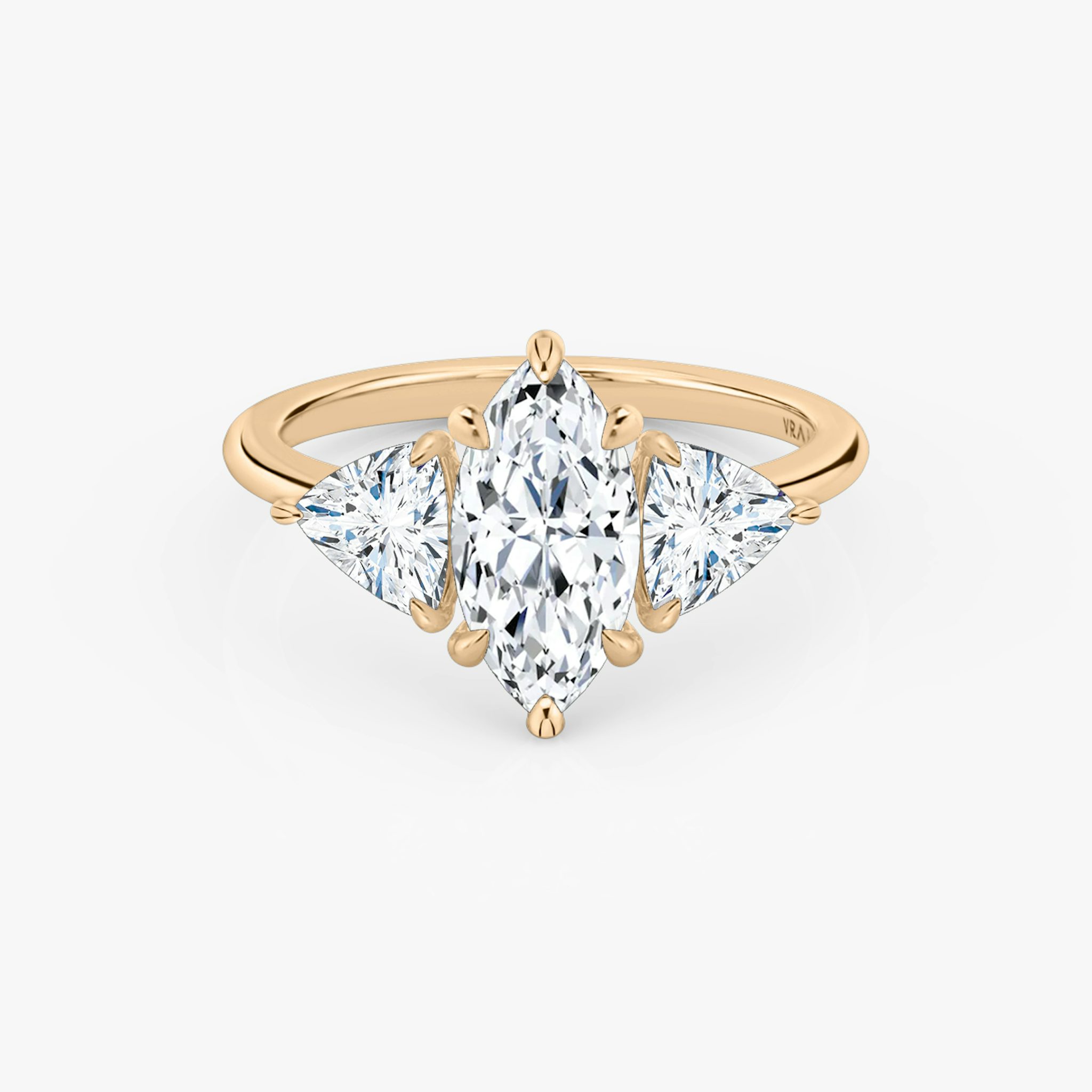 The Three Stone | Marquise | 14k | Rose Gold | bandAccent: Plain | sideStoneCarat: 0.50ct | sideStoneShape: Trillion | diamondOrientation: vertical | caratWeight: other