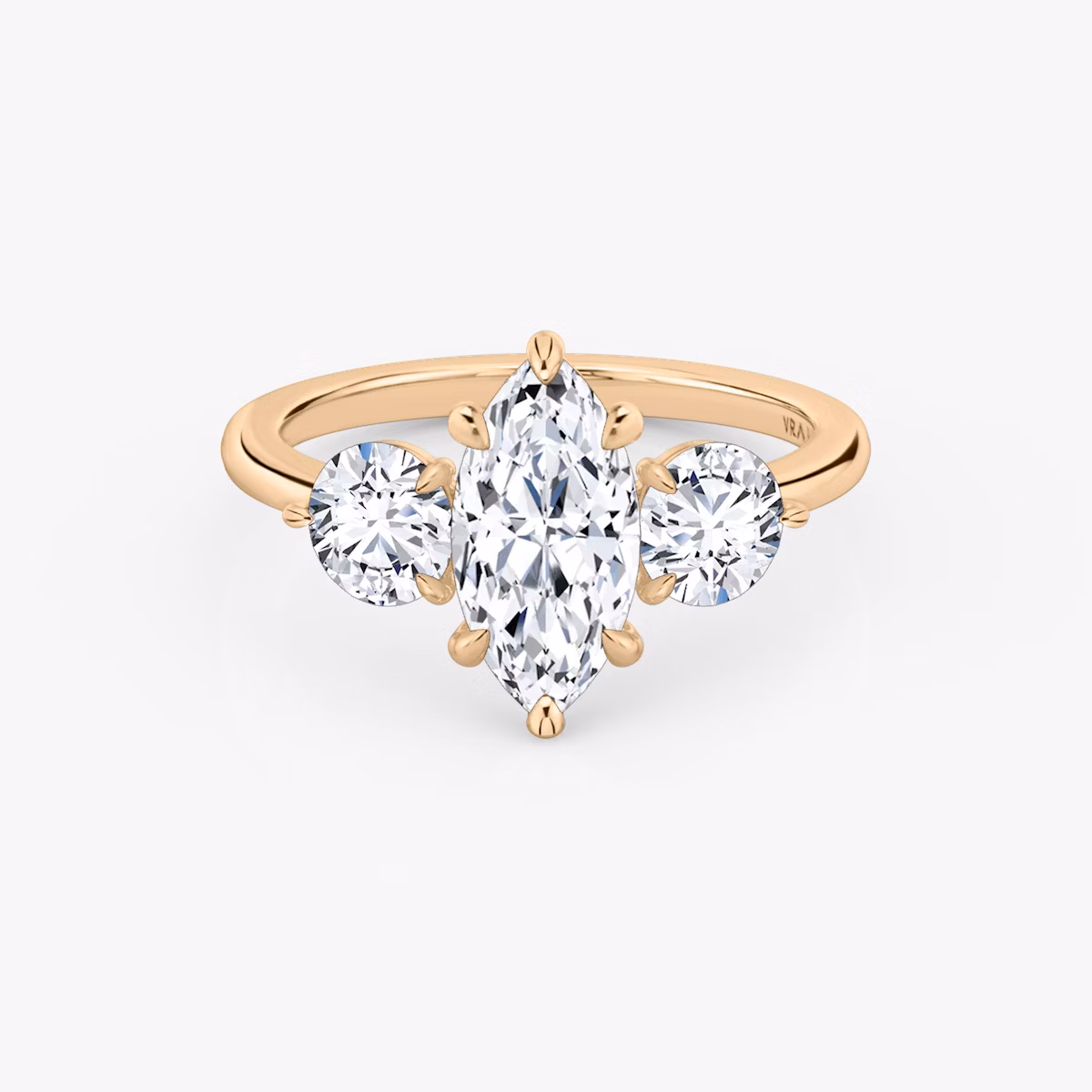 The Three Stone | Marquise | 14k | Rose Gold | bandAccent: Plain | sideStoneCarat: 0.50ct | sideStoneShape: Round Brilliant | diamondOrientation: vertical | caratWeight: other