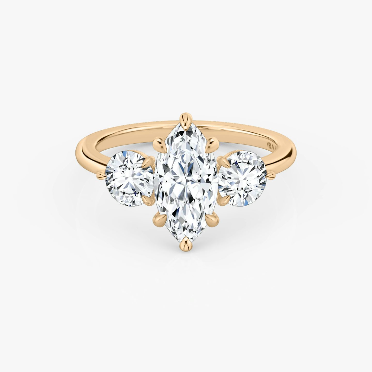The Three Stone | Marquise | 14k | Rose Gold | bandAccent: Plain | sideStoneCarat: 0.50ct | sideStoneShape: Round Brilliant | diamondOrientation: vertical | caratWeight: other