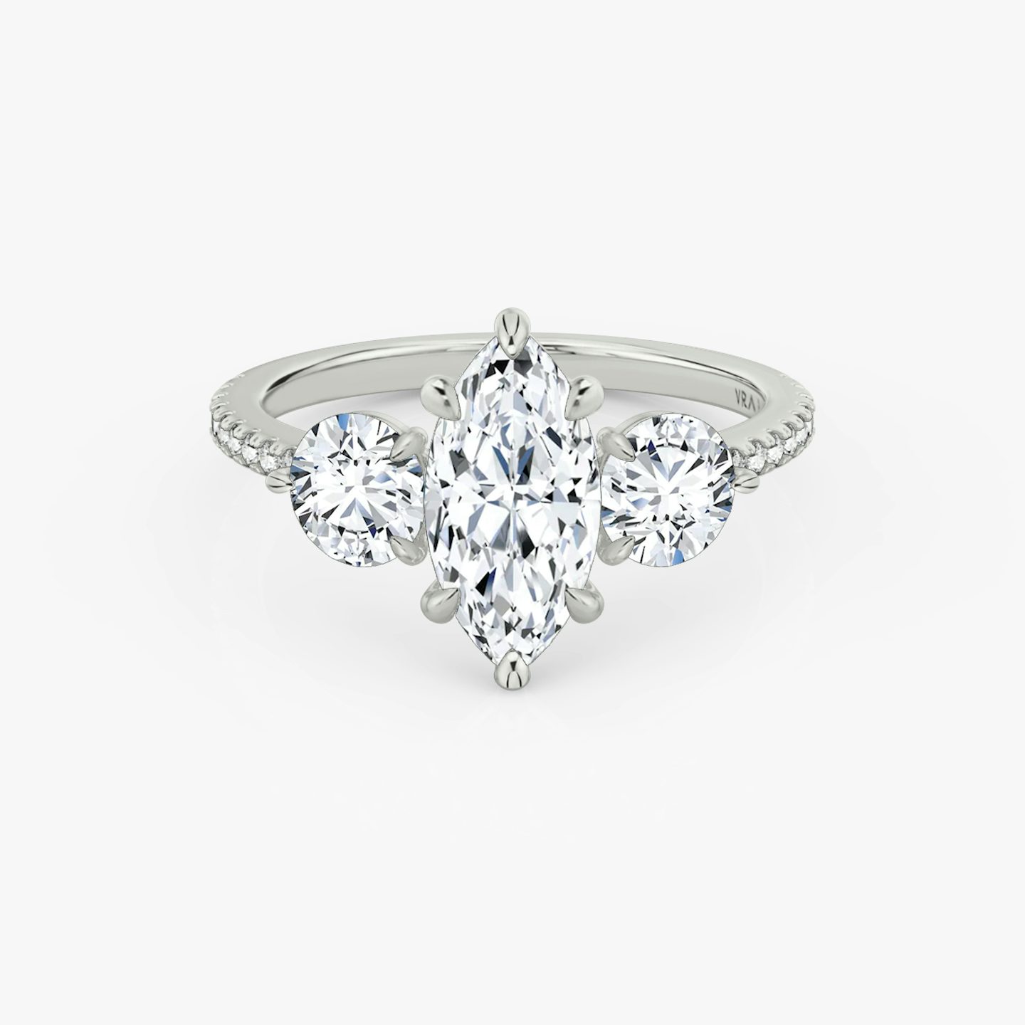 The Three Stone | Marquise | 18k | White Gold | bandAccent: Pavé | sideStoneCarat: 0.50ct | sideStoneShape: Round Brilliant | diamondOrientation: vertical | caratWeight: other
