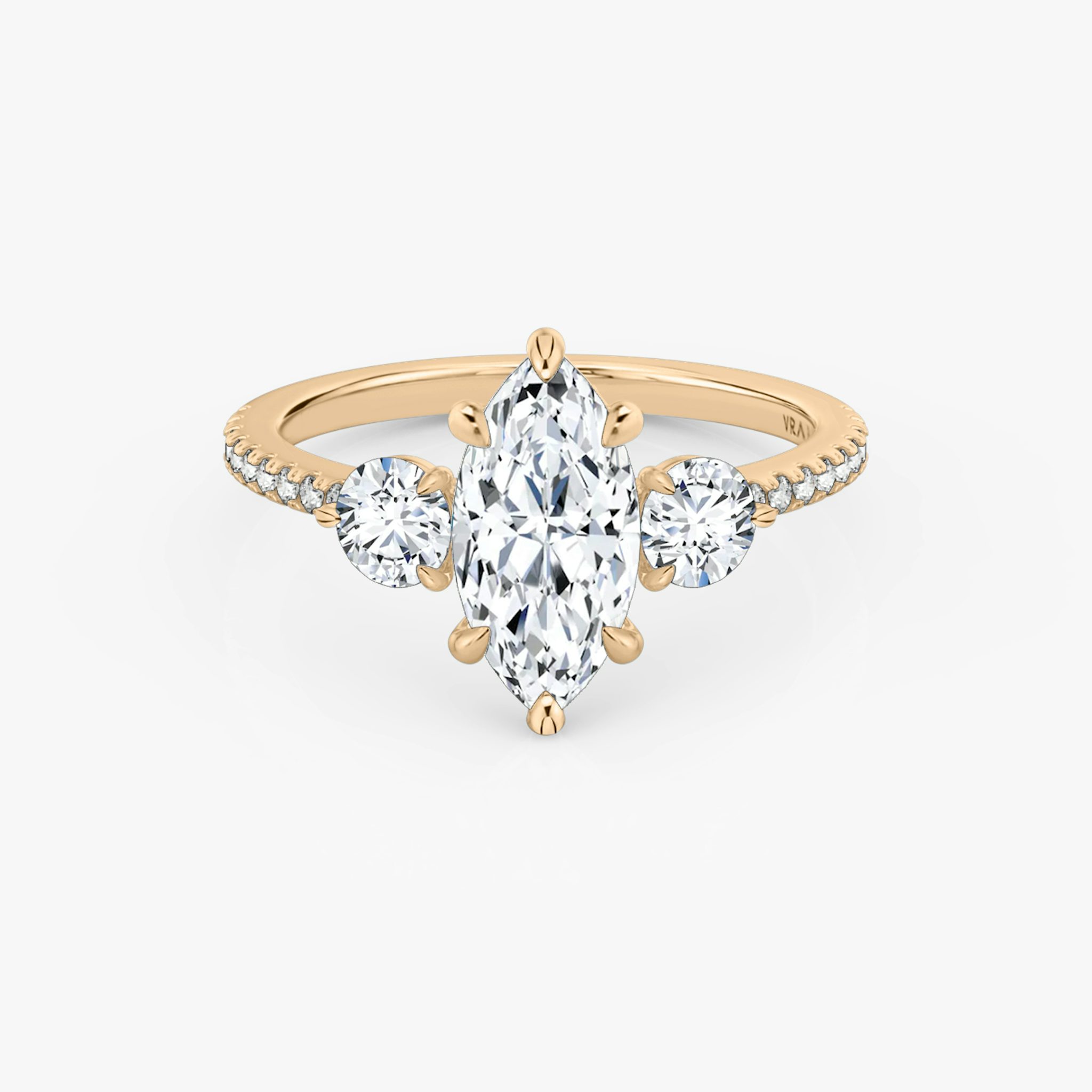 The Three Stone | Marquise | 14k | Rose Gold | bandAccent: Pavé | sideStoneCarat: 0.25ct | sideStoneShape: Round Brilliant | diamondOrientation: vertical | caratWeight: other