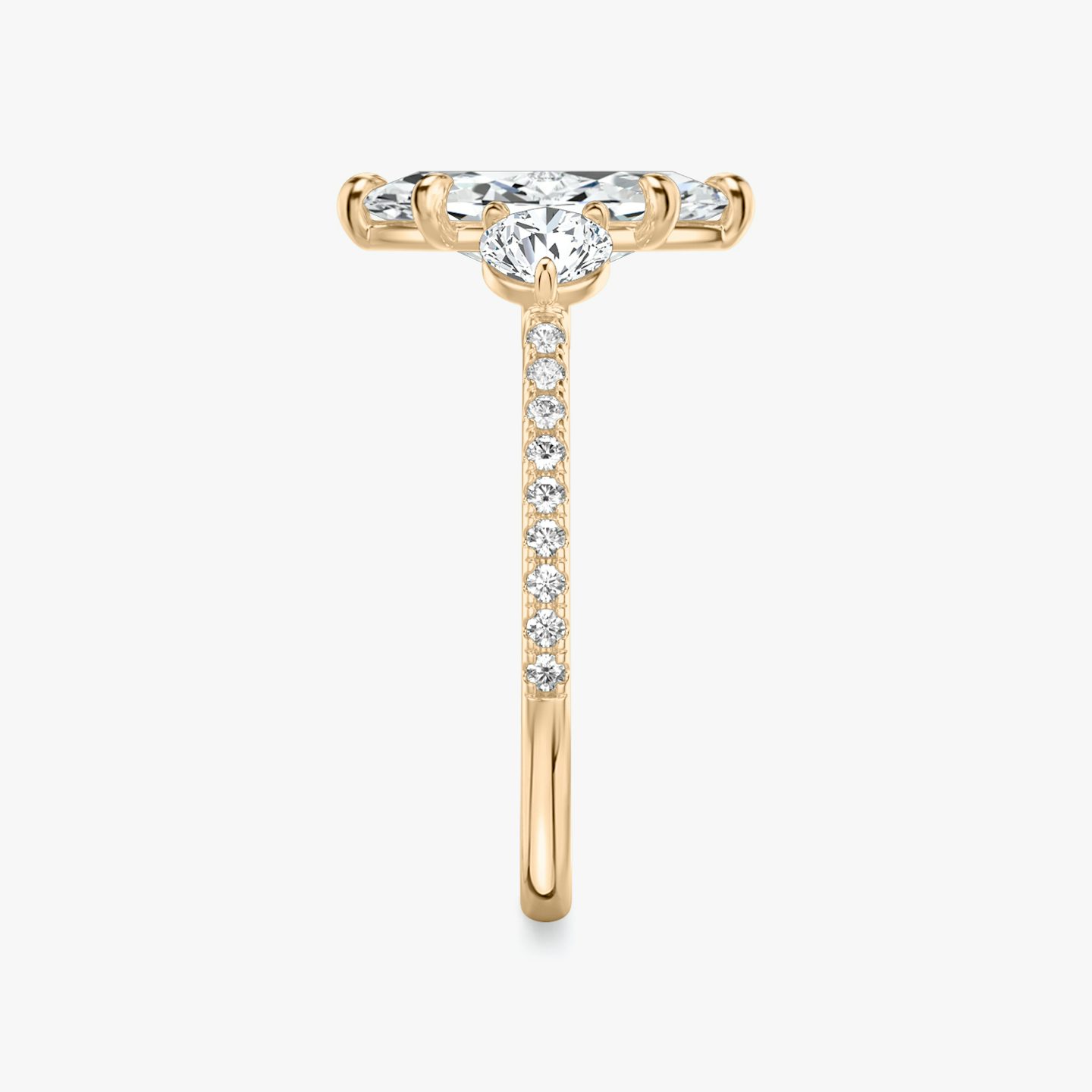 The Three Stone | Marquise | 14k | Rose Gold | bandAccent: Pavé | sideStoneCarat: 0.25ct | sideStoneShape: Round Brilliant | diamondOrientation: vertical | caratWeight: other