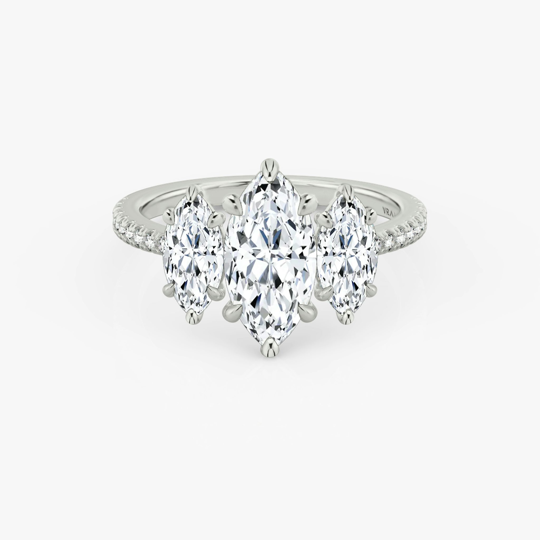 The Three Stone | Marquise | Platinum | bandAccent: Pavé | sideStoneCarat: 0.50ct | sideStoneShape: Marquise | diamondOrientation: vertical | caratWeight: other