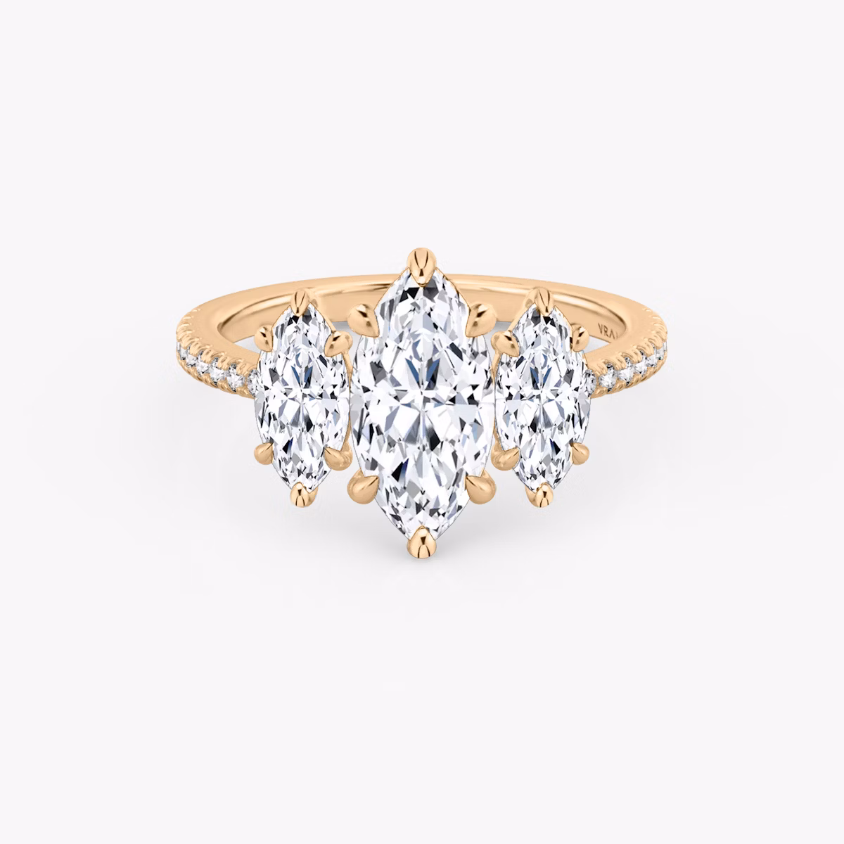 The Three Stone | Marquise | 14k | Rose Gold | bandAccent: Pavé | sideStoneCarat: 0.50ct | sideStoneShape: Marquise | diamondOrientation: vertical | caratWeight: other