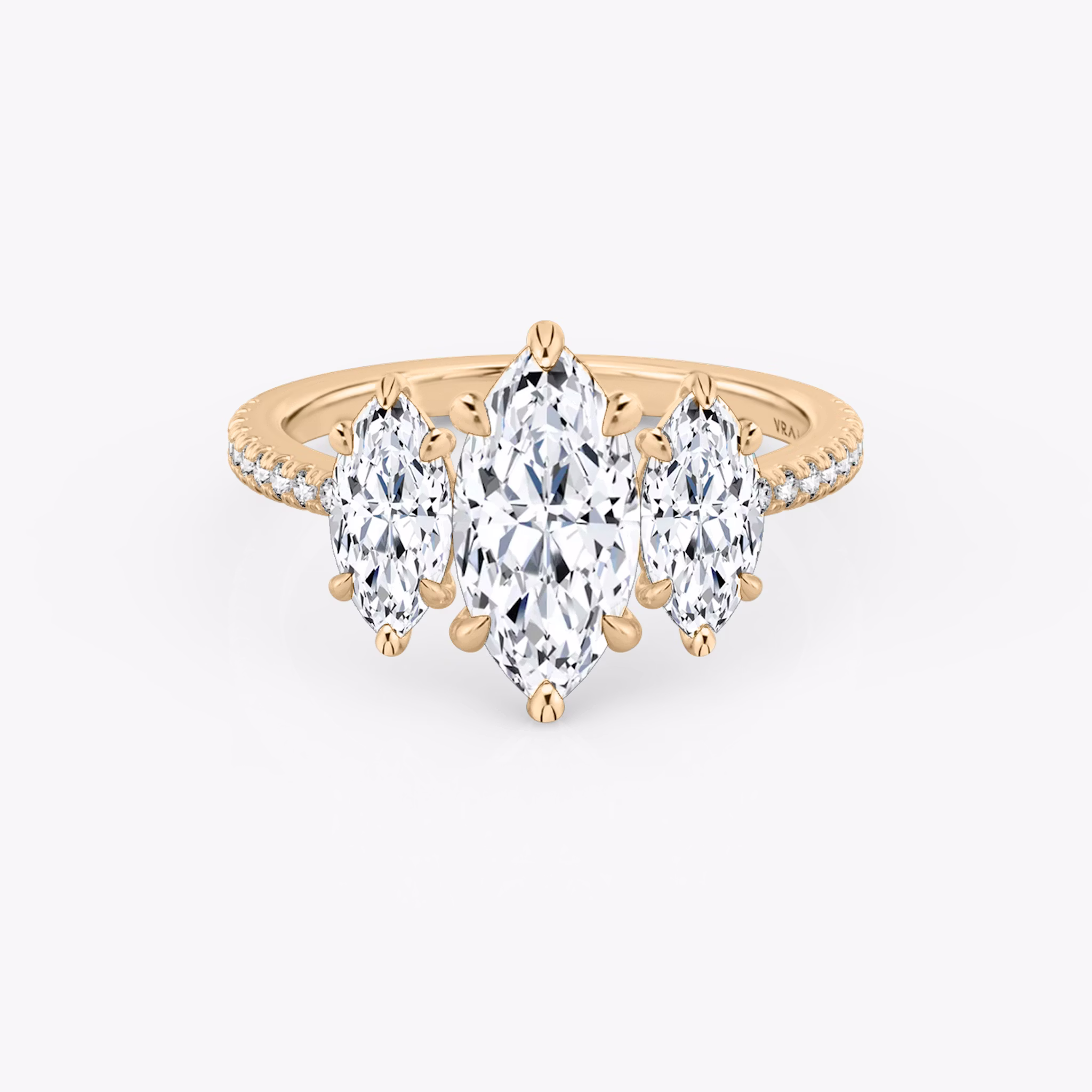 The Three Stone | Marquise | 14k | Rose Gold | bandAccent: Pavé | sideStoneCarat: 0.50ct | sideStoneShape: Marquise | diamondOrientation: vertical | caratWeight: other
