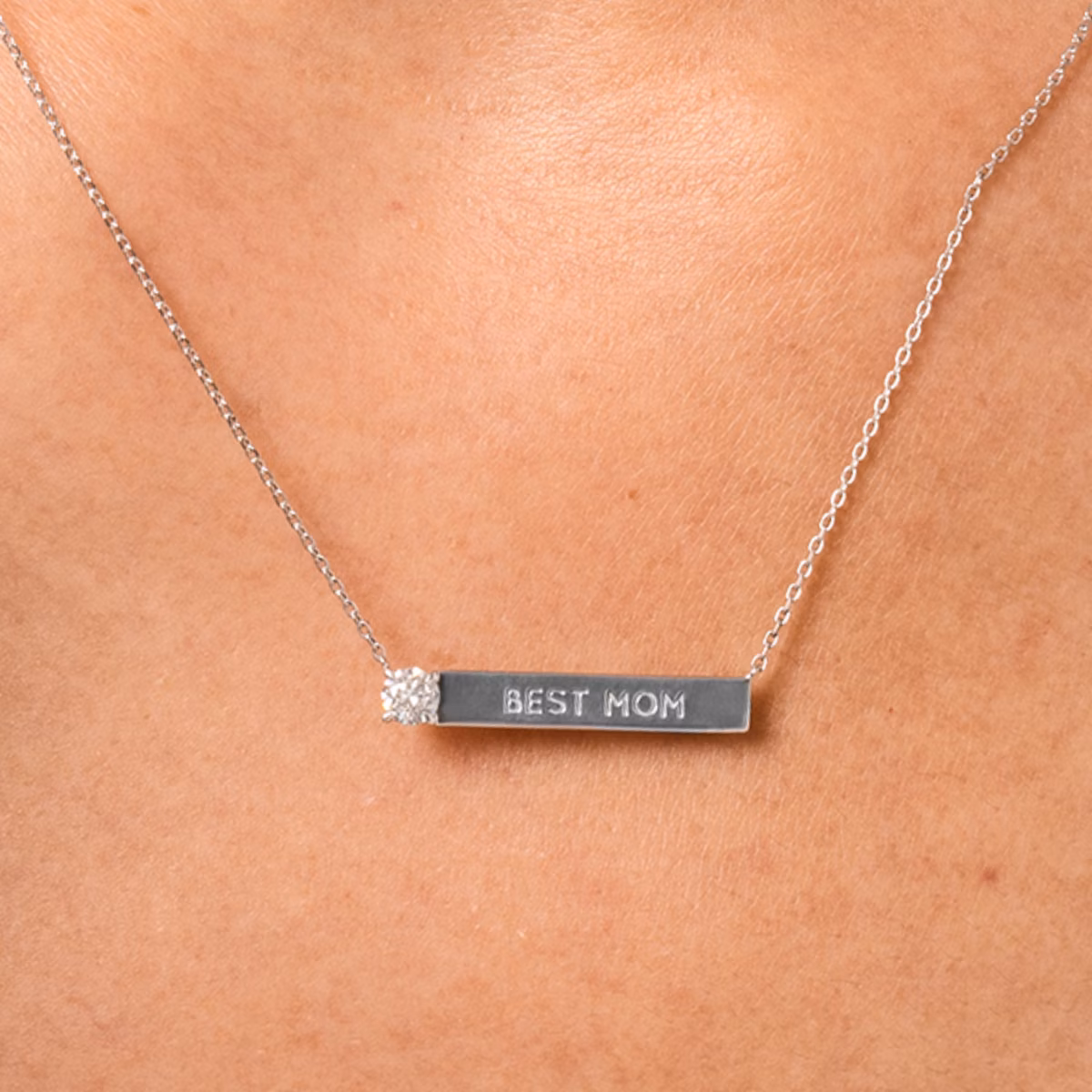 Solitaire Bar Necklace | Round Brilliant | Sterling Silver | chainLength: 16-18