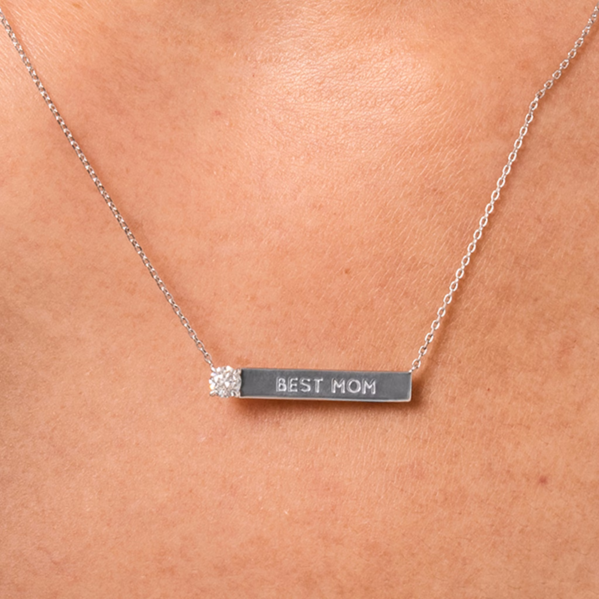 Solitaire Bar Necklace | Round Brilliant | Sterling Silver | chainLength: 16-18