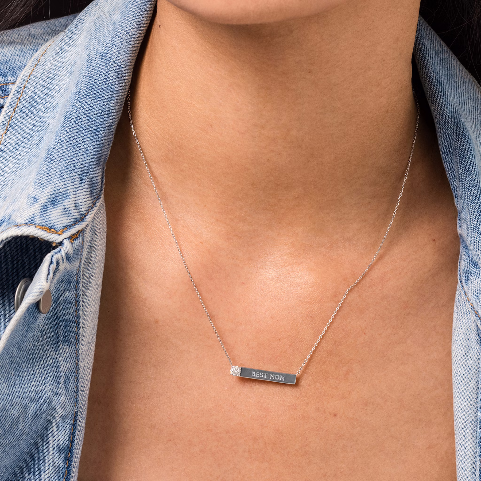 Solitaire Bar Necklace | Round Brilliant | Sterling Silver | chainLength: 16-18