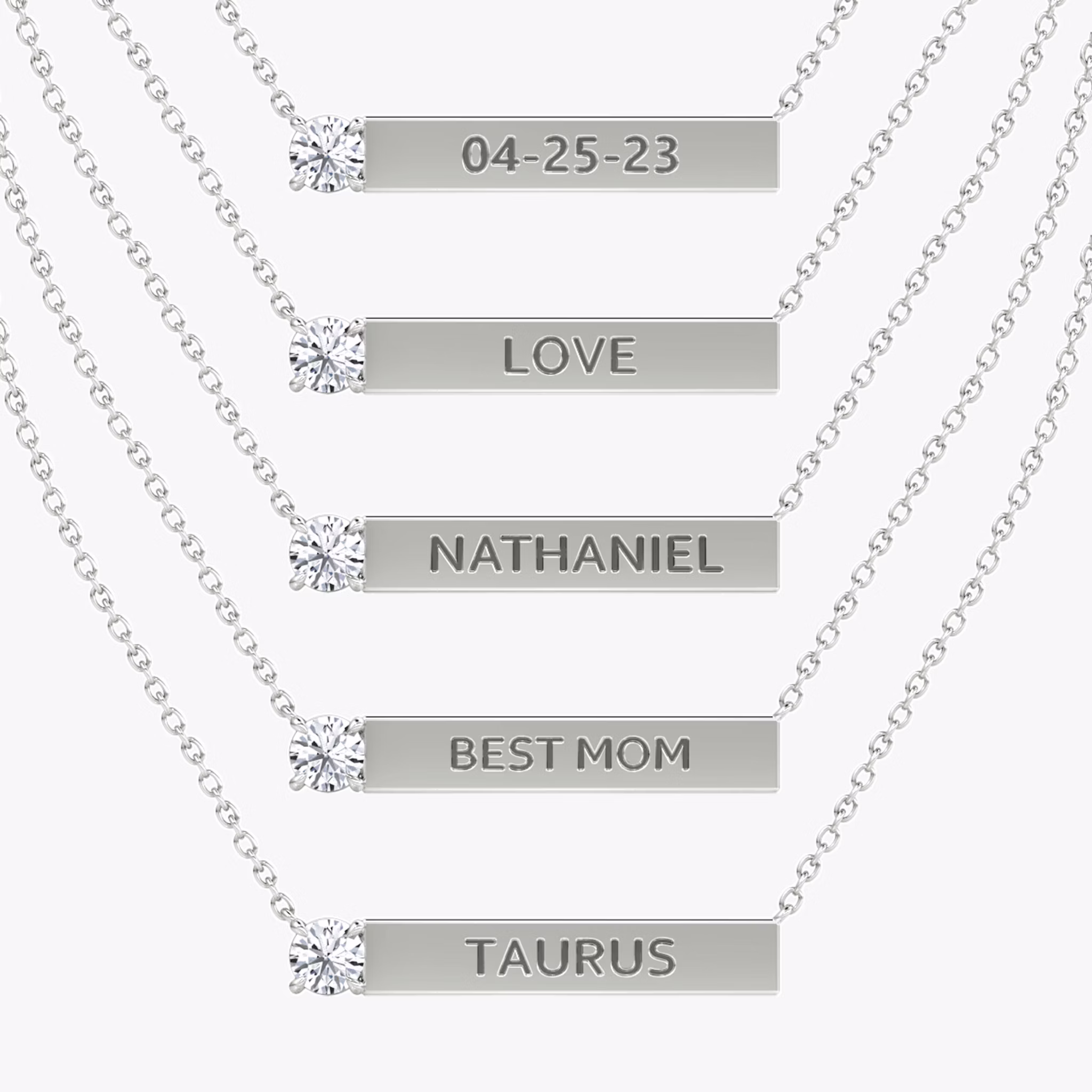 Solitaire Bar Necklace | Round Brilliant | Sterling Silver | chainLength: 16-18