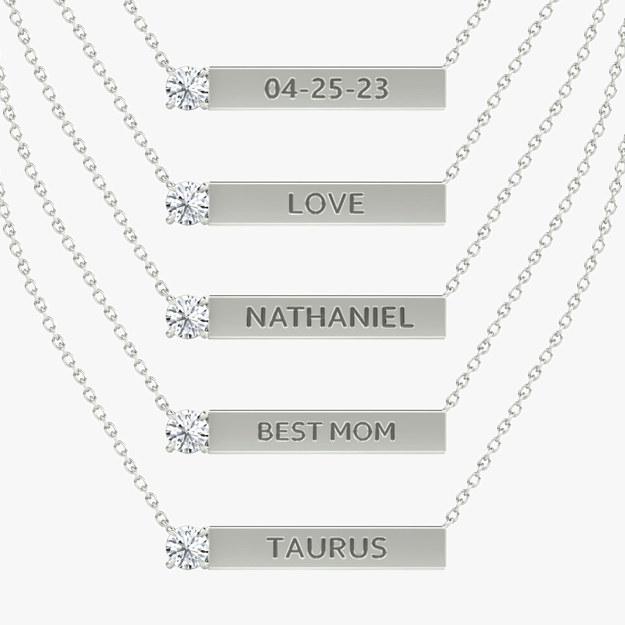 Solitaire Bar Necklace | Round Brilliant | Sterling Silver | chainLength: 16-18