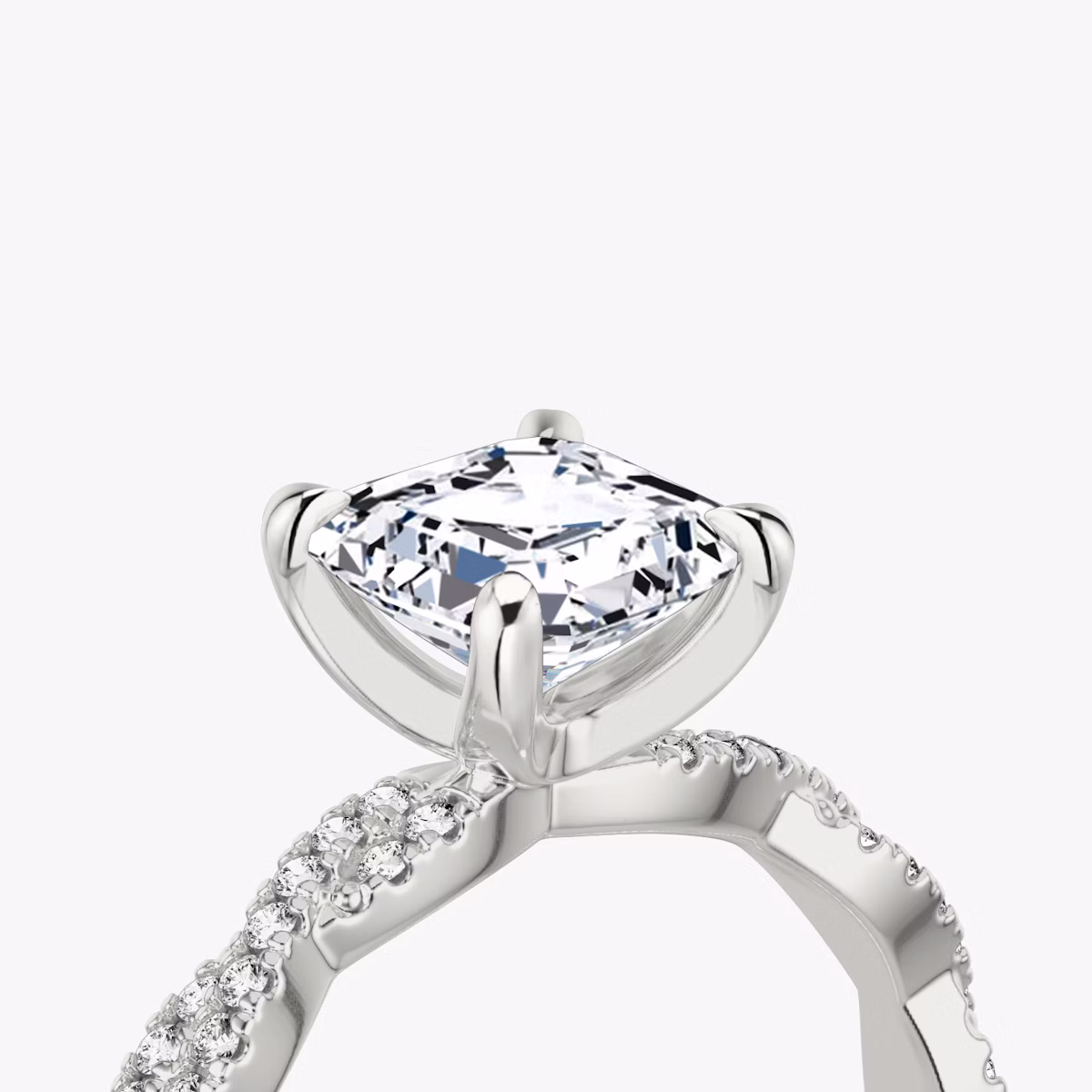 The Twisted Classic | Asscher | 18k | White Gold | bandAccent: Double pavé | diamondOrientation: vertical | caratWeight: other