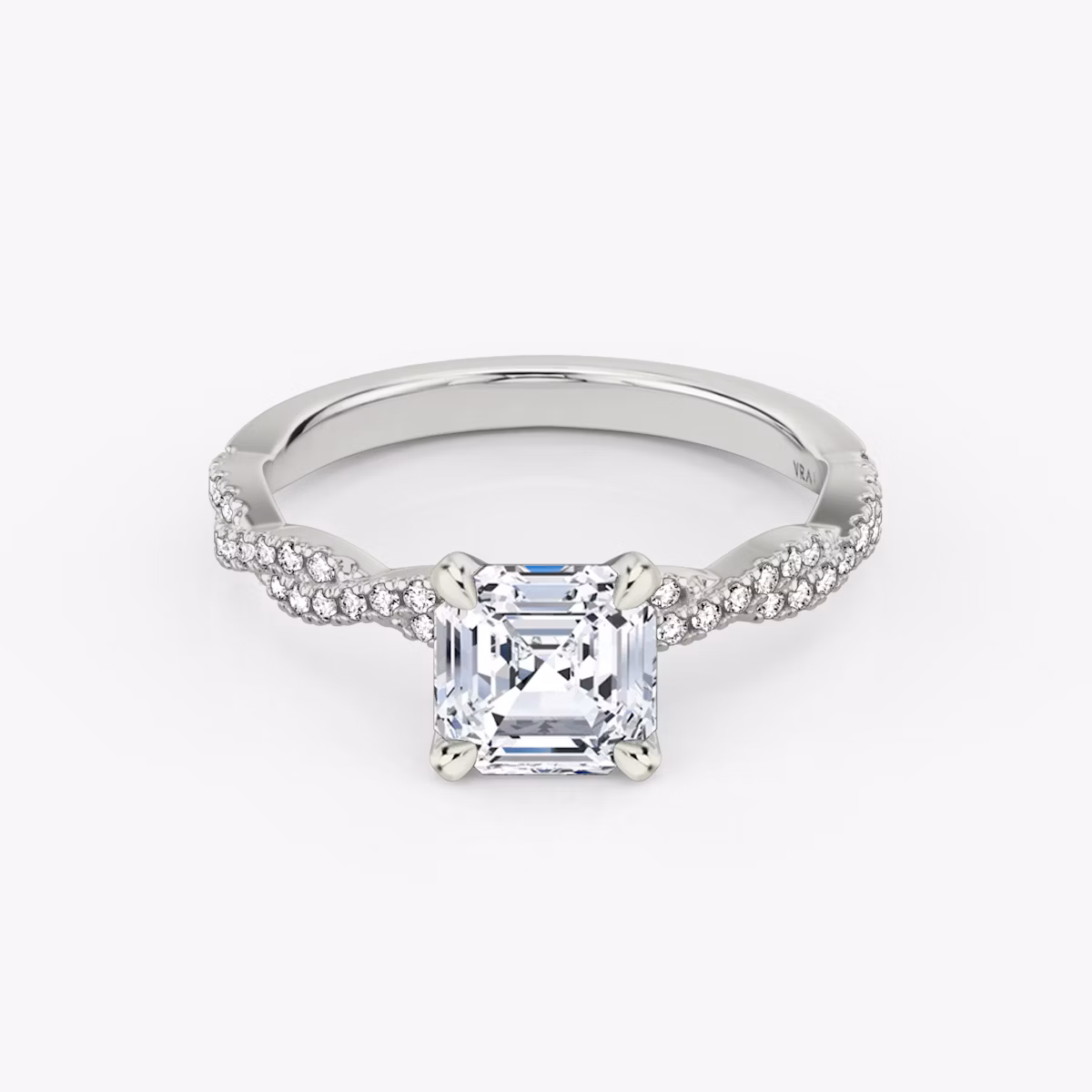 The Twisted Classic | Asscher | 18k | White Gold | bandAccent: Double pavé | diamondOrientation: vertical | caratWeight: other