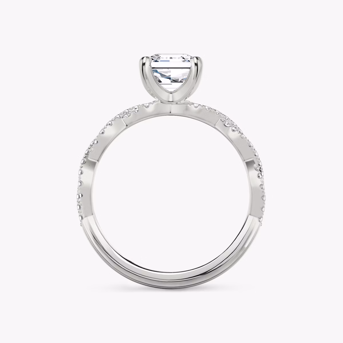 The Twisted Classic | Asscher | 18k | White Gold | bandAccent: Double pavé | diamondOrientation: vertical | caratWeight: other