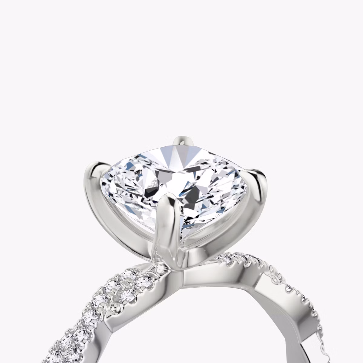 The Twisted Classic | Cushion | Platinum | bandAccent: Double pavé | diamondOrientation: vertical | caratWeight: other