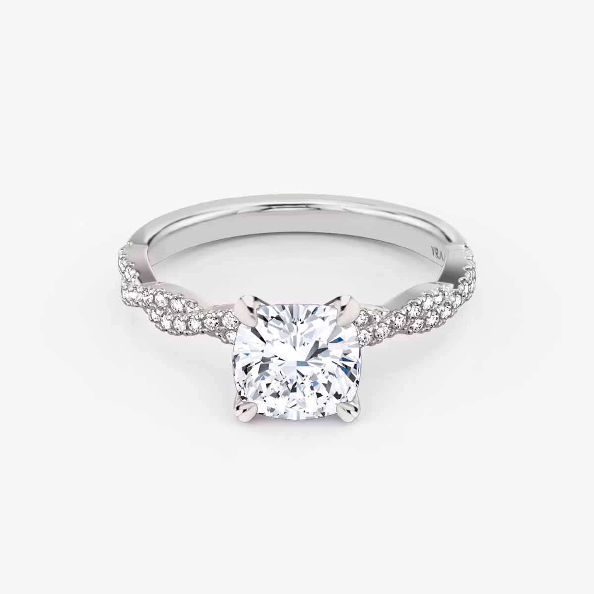The Twisted Classic | Cushion | Platinum | bandAccent: Double pavé | diamondOrientation: vertical | caratWeight: other