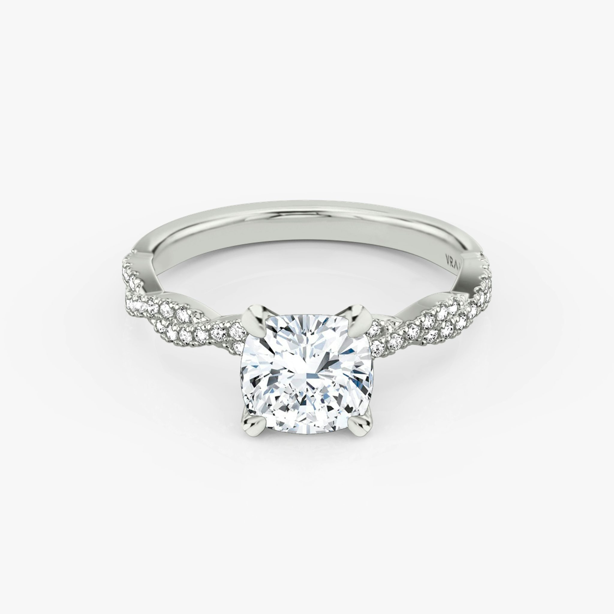 The Twisted Classic | Cushion | 18k | White Gold | bandAccent: Double pavé | diamondOrientation: vertical | caratWeight: other