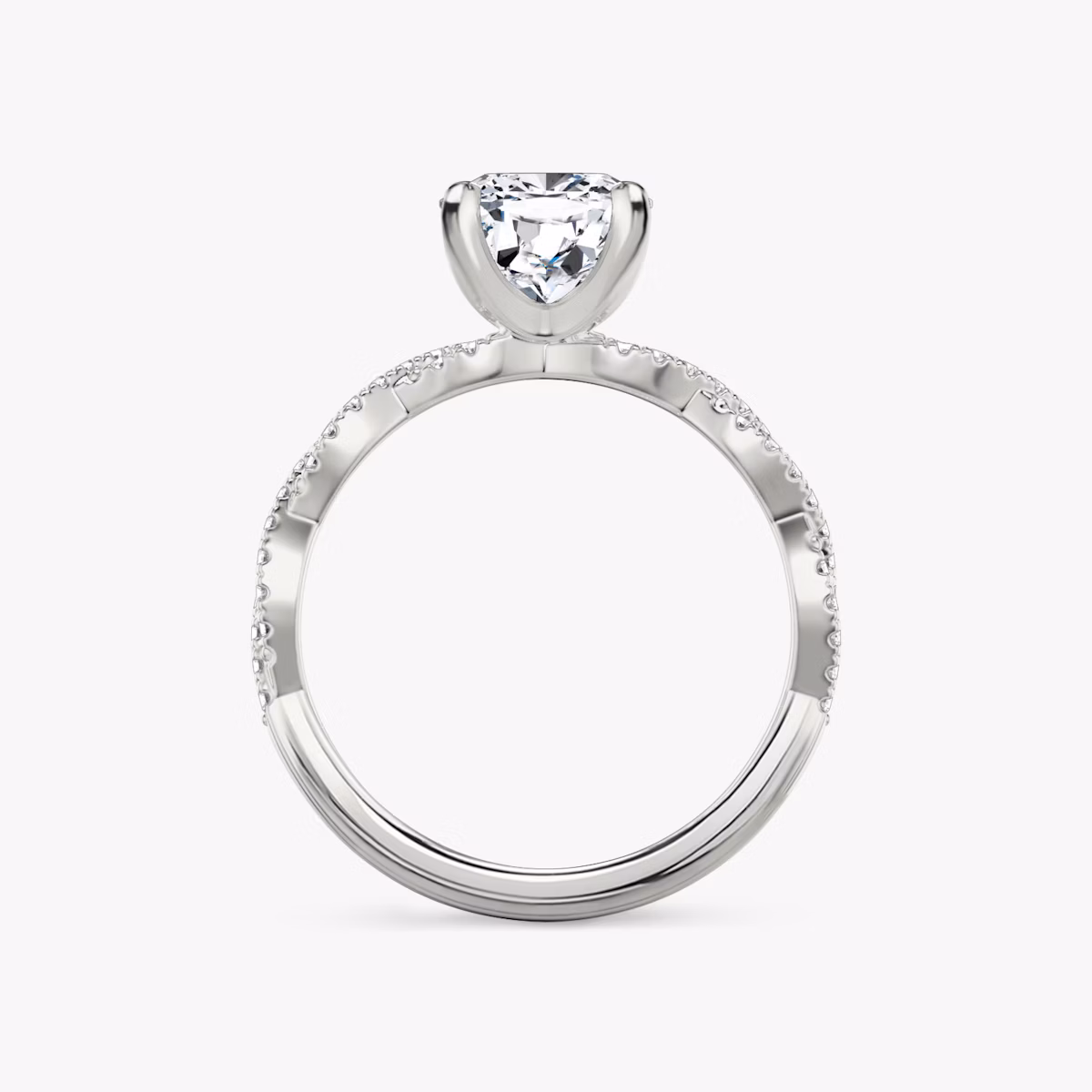 The Twisted Classic | Cushion | Platinum | bandAccent: Double pavé | diamondOrientation: vertical | caratWeight: other