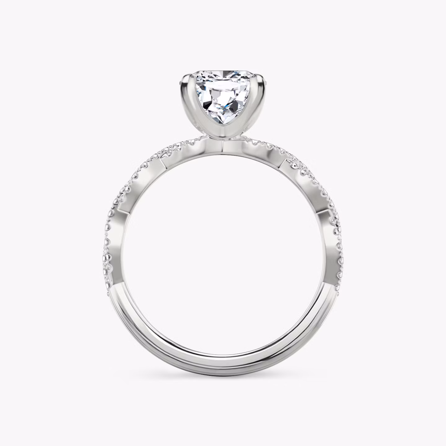 The Twisted Classic | Cushion | 18k | White Gold | bandAccent: Double pavé | diamondOrientation: vertical | caratWeight: other