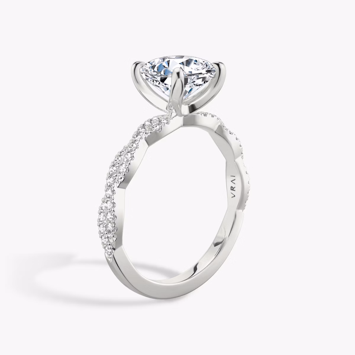 The Twisted Classic | Cushion | Platinum | bandAccent: Double pavé | diamondOrientation: vertical | caratWeight: other