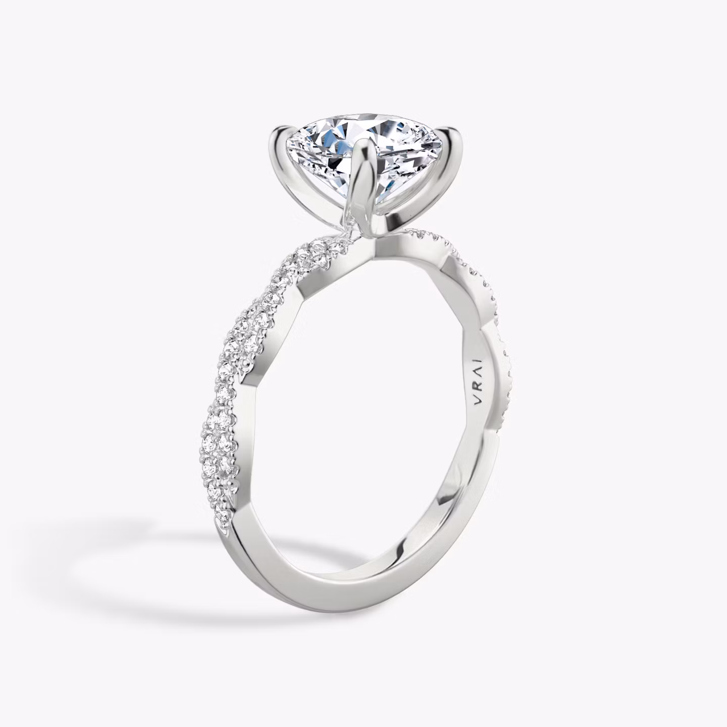 The Twisted Classic | Cushion | 18k | White Gold | bandAccent: Double pavé | diamondOrientation: vertical | caratWeight: other