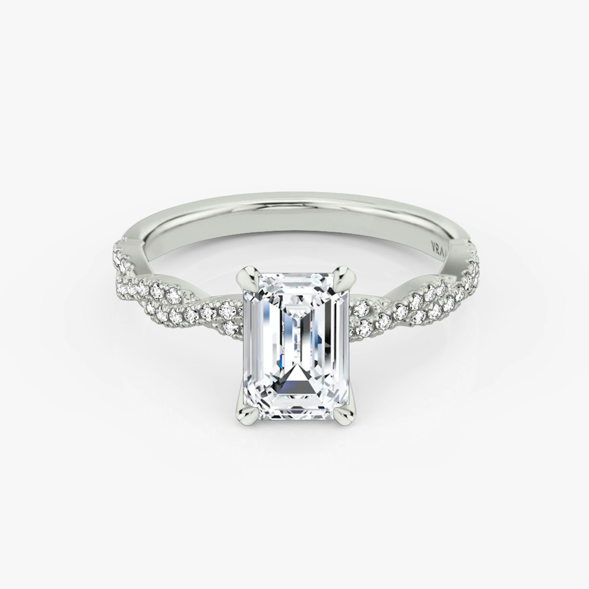 The Twisted Classic | Emerald | 18k | White Gold | bandAccent: Double pavé | diamondOrientation: vertical | caratWeight: other