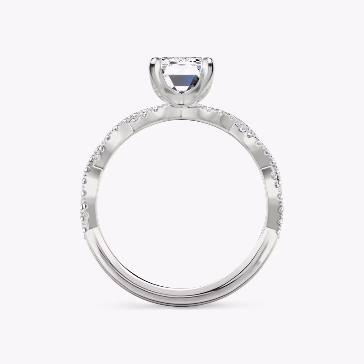The Twisted Classic | Emerald | 18k | White Gold | bandAccent: Double pavé | diamondOrientation: vertical | caratWeight: other