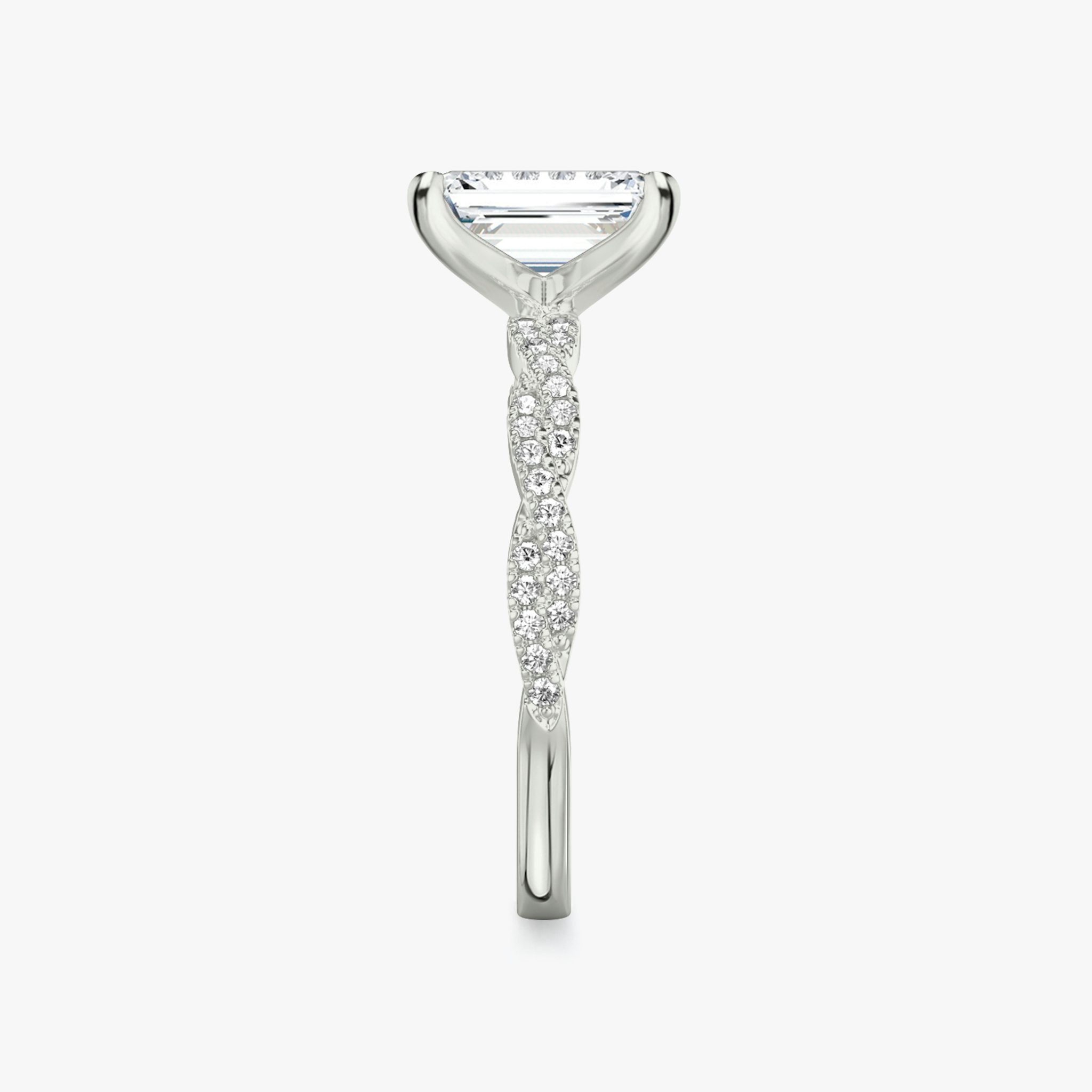 The Twisted Classic | Emerald | 18k | White Gold | bandAccent: Double pavé | diamondOrientation: vertical | caratWeight: other