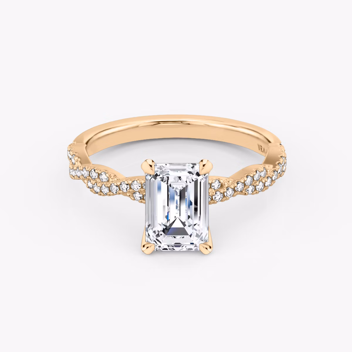 The Twisted Classic | Emerald | 14k | Rose Gold | bandAccent: Double pavé | diamondOrientation: vertical | caratWeight: other
