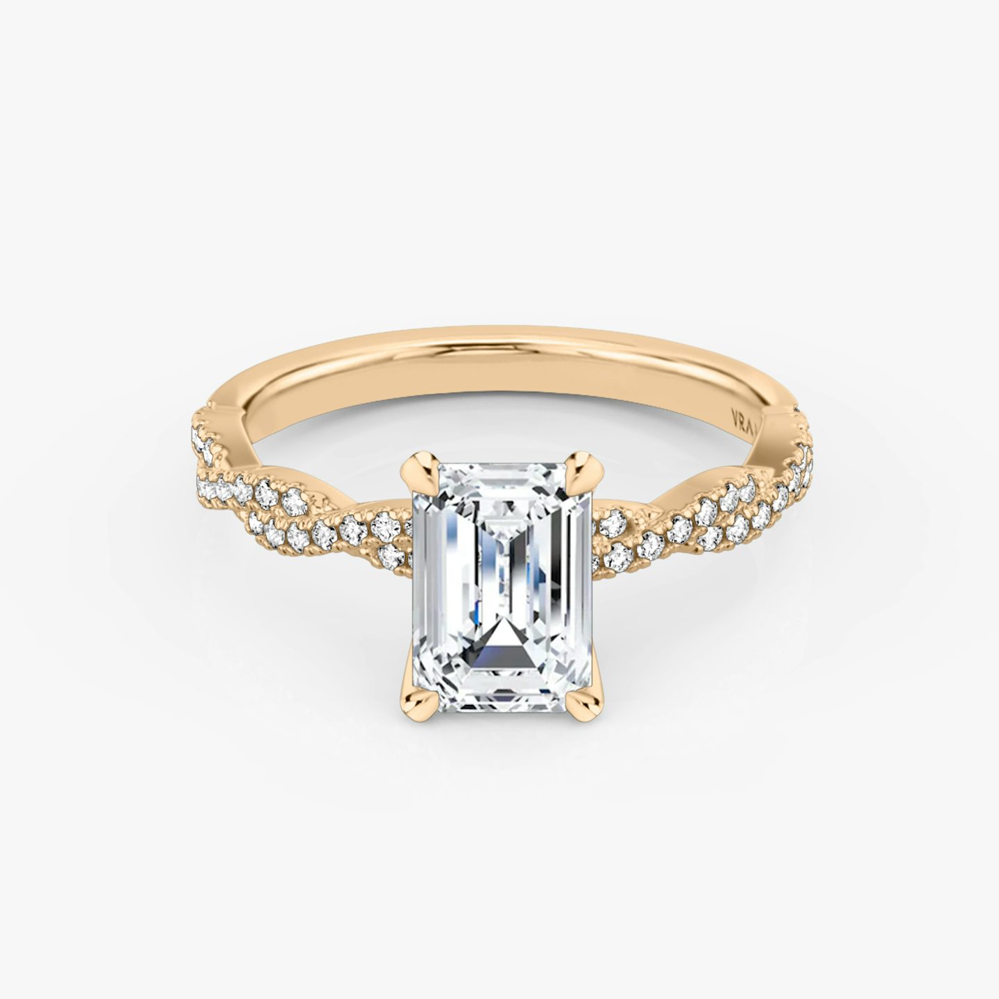 The Twisted Classic | Emerald | 14k | Rose Gold | bandAccent: Double pavé | diamondOrientation: vertical | caratWeight: other
