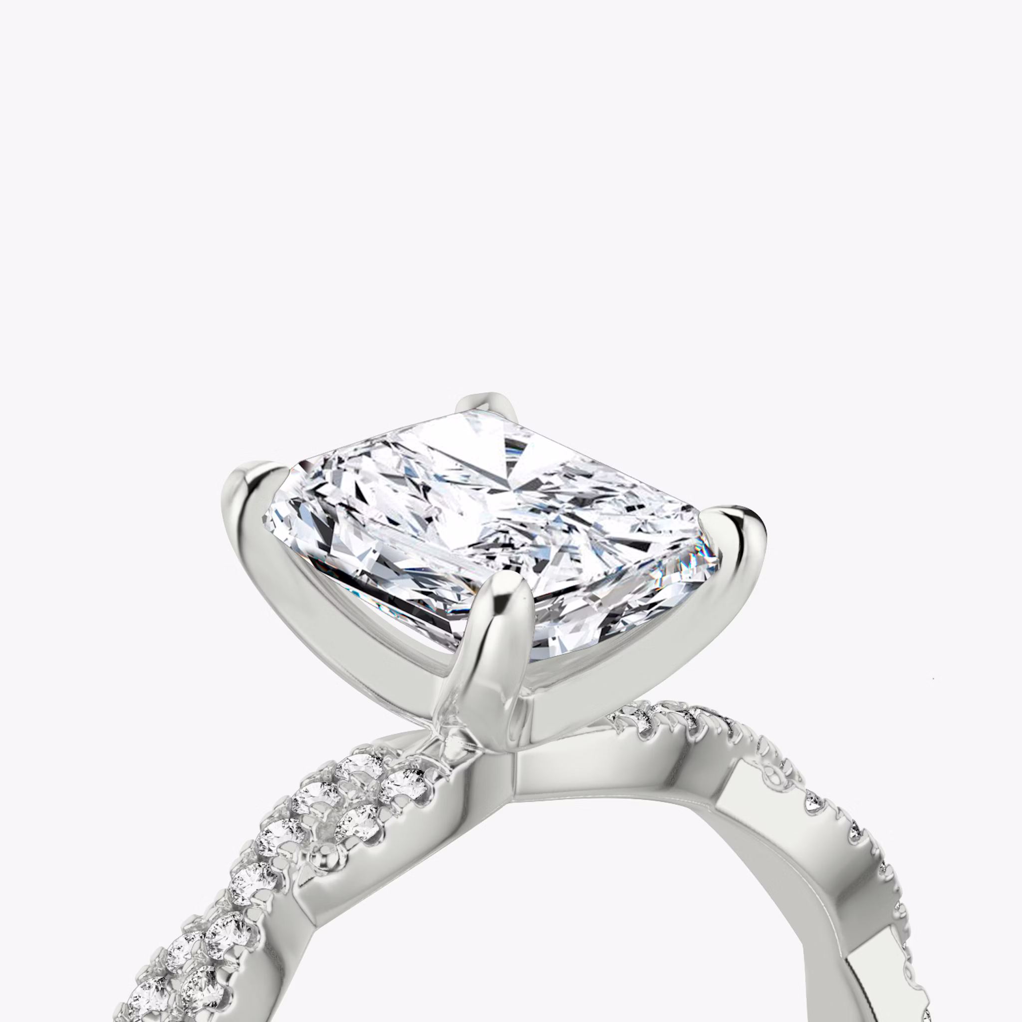The Twisted Classic | Radiant | Platinum | bandAccent: Double pavé | diamondOrientation: vertical | caratWeight: other