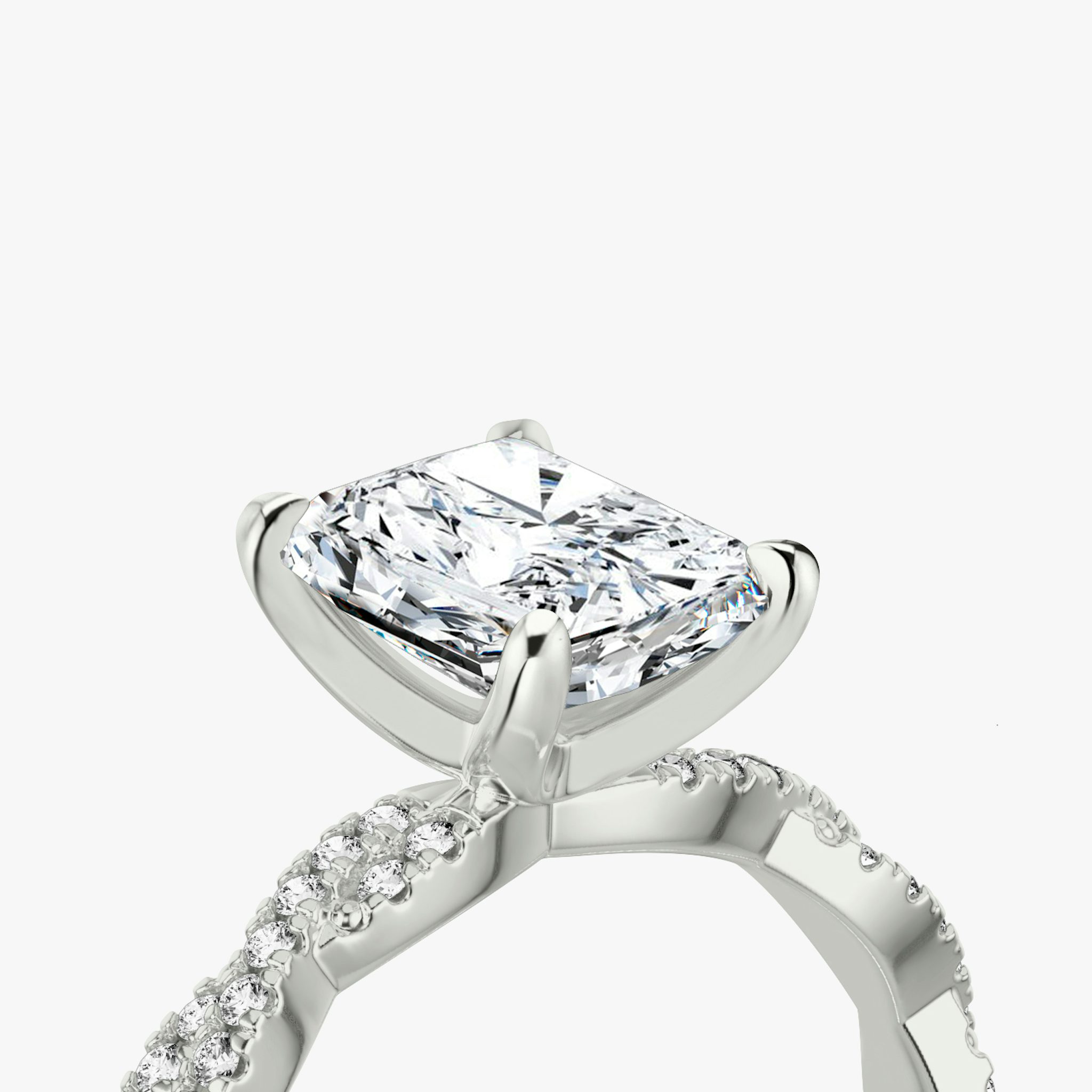 The Twisted Classic | Radiant | Platinum | bandAccent: Double pavé | diamondOrientation: vertical | caratWeight: other