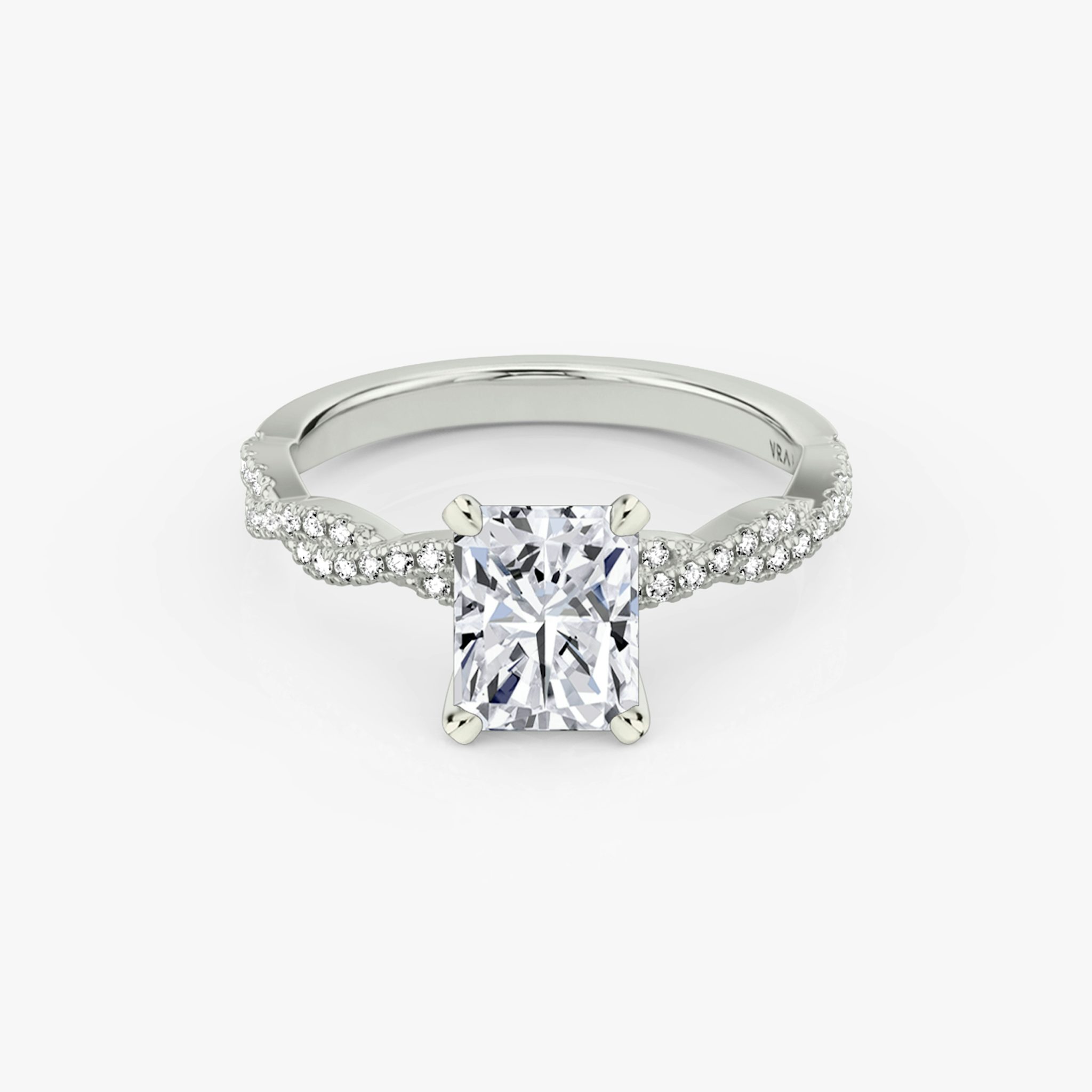 The Twisted Classic | Radiant | Platinum | bandAccent: Double pavé | diamondOrientation: vertical | caratWeight: other
