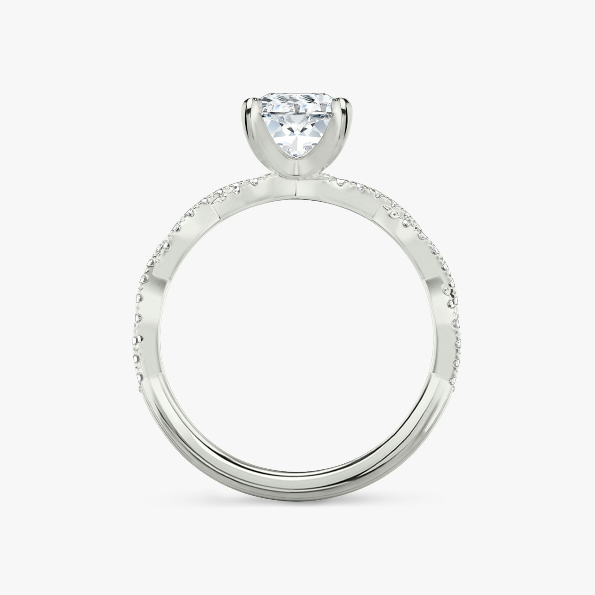 The Twisted Classic | Radiant | Platinum | bandAccent: Double pavé | diamondOrientation: vertical | caratWeight: other