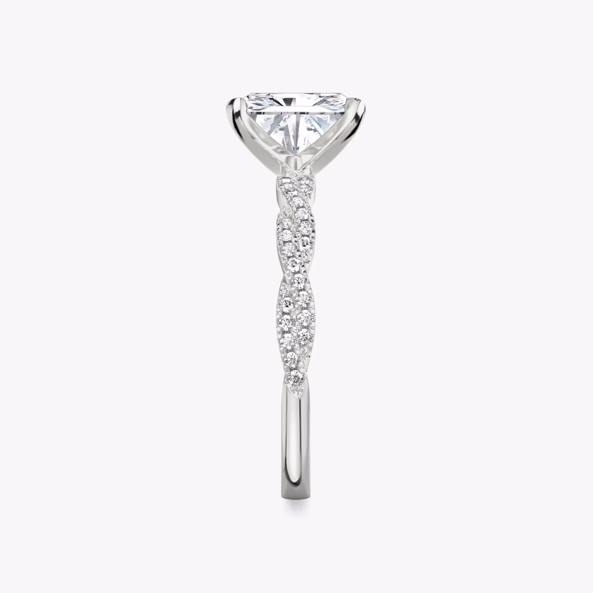 The Twisted Classic | Radiant | Platinum | bandAccent: Double pavé | diamondOrientation: vertical | caratWeight: other