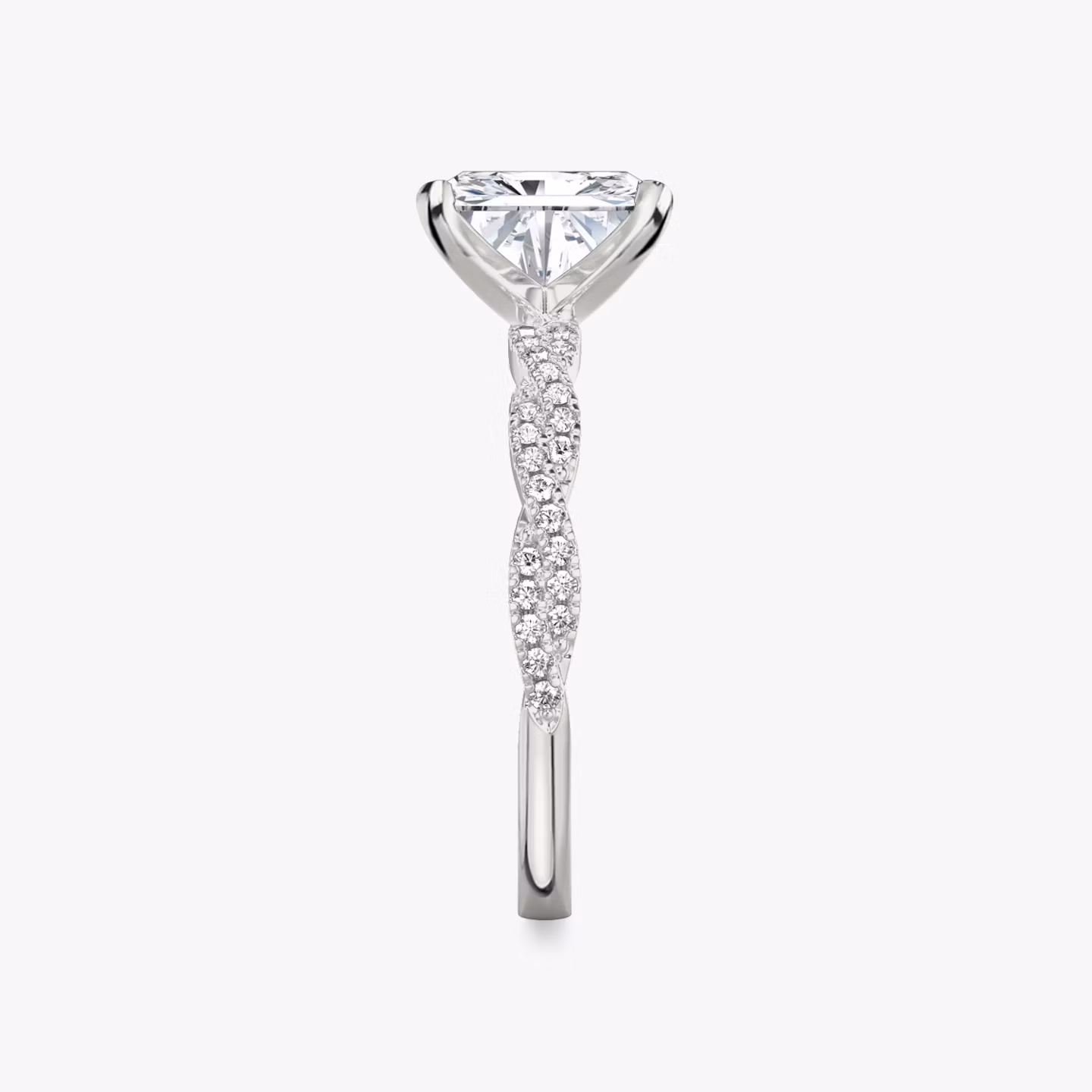 The Twisted Classic | Radiant | Platinum | bandAccent: Double pavé | diamondOrientation: vertical | caratWeight: other